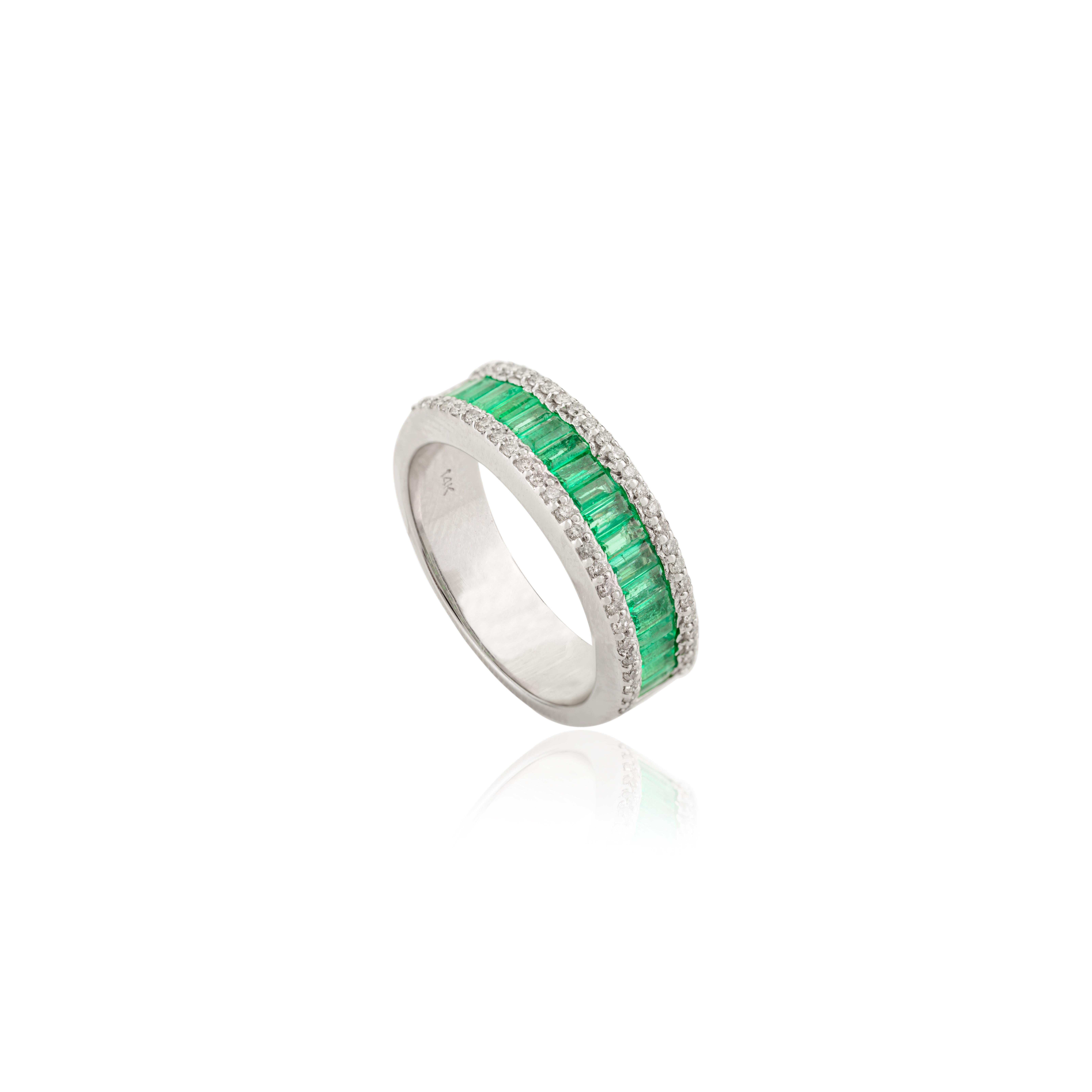 For Sale:  Timeless Baguette Cut Emerald Diamond Half Eternity Band Ring in 14k White Gold 9