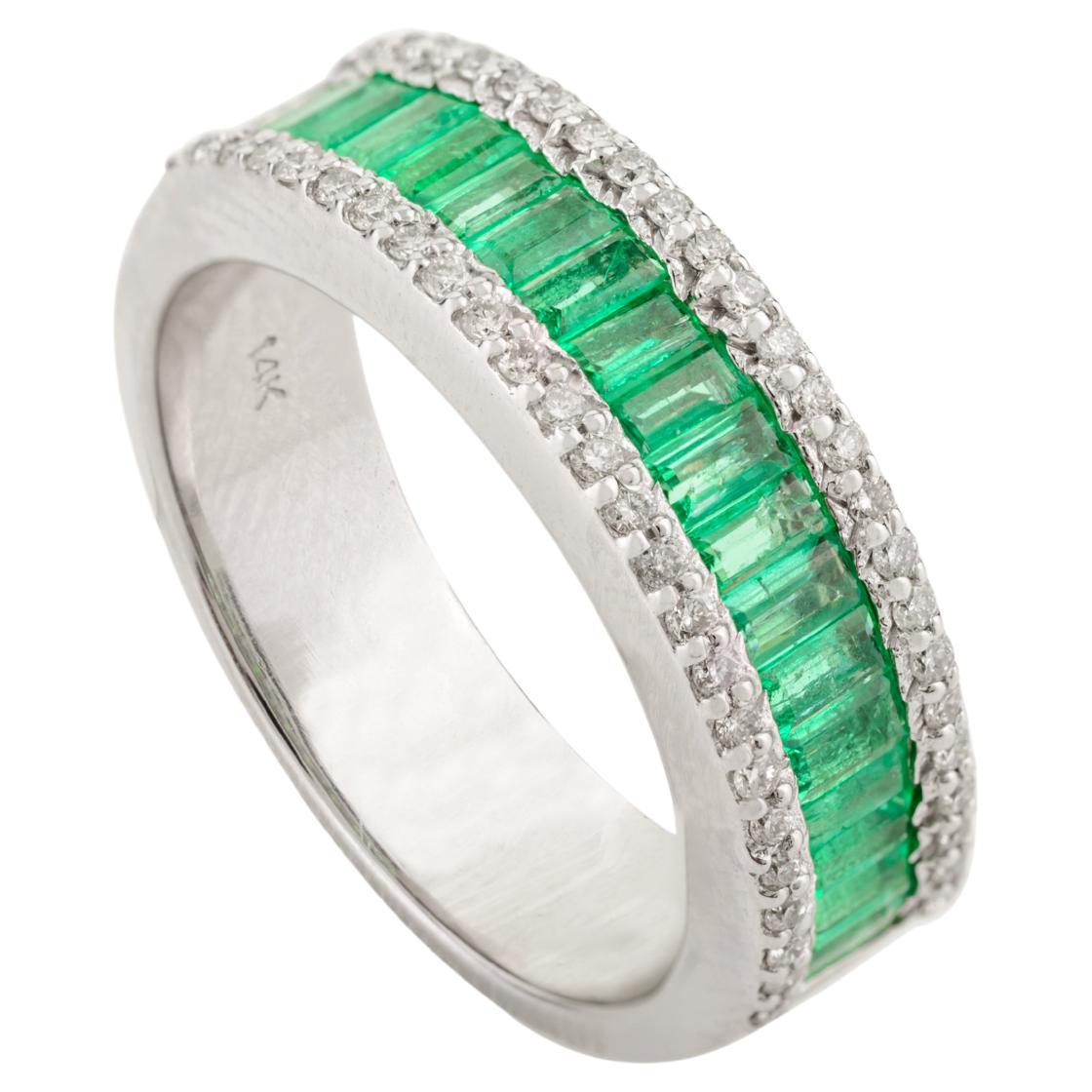 For Sale:  Timeless Baguette Cut Emerald Diamond Half Eternity Band Ring in 14k White Gold