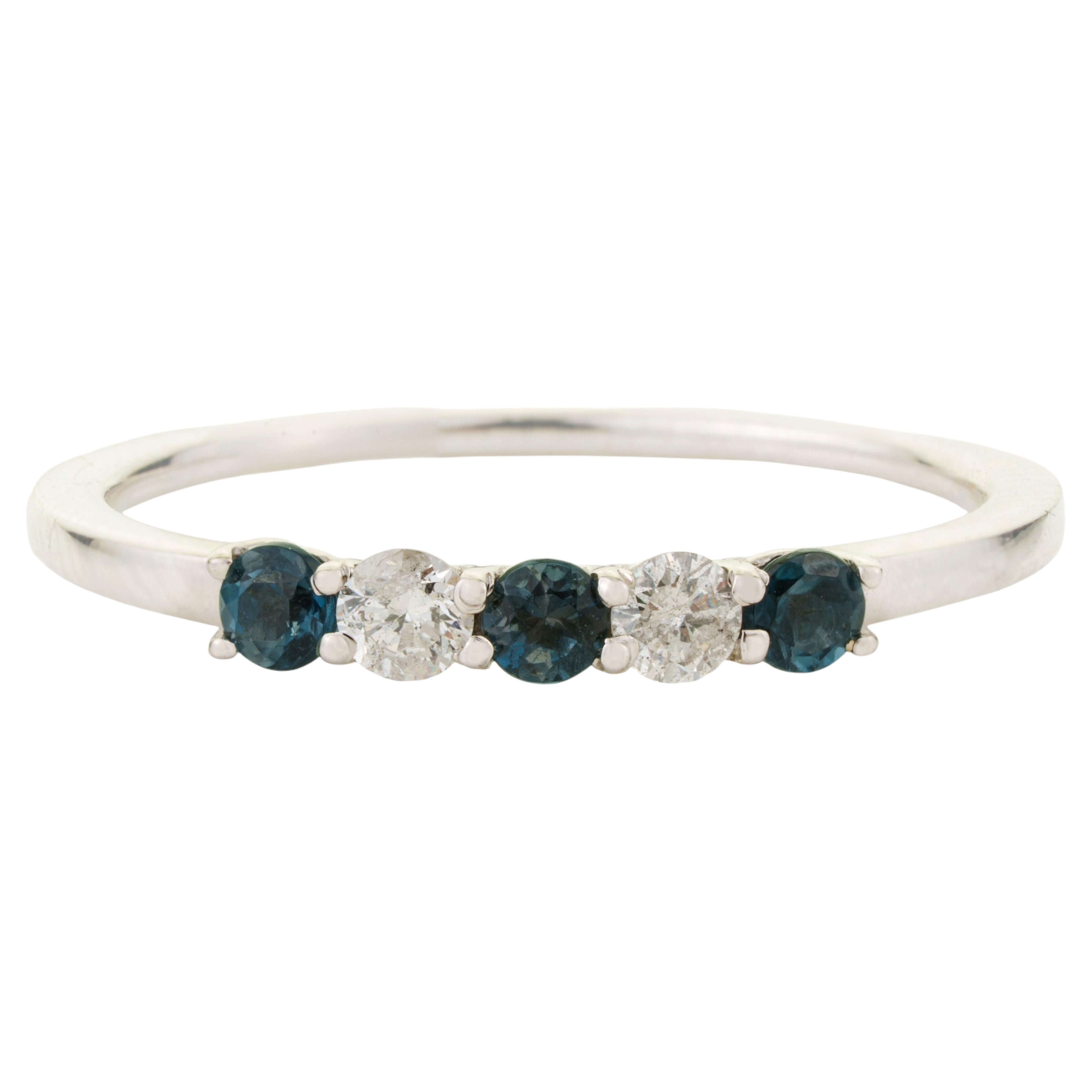 Timeless Blue Sapphire and Diamond Five Stone Stacking Ring in 14K White Gold