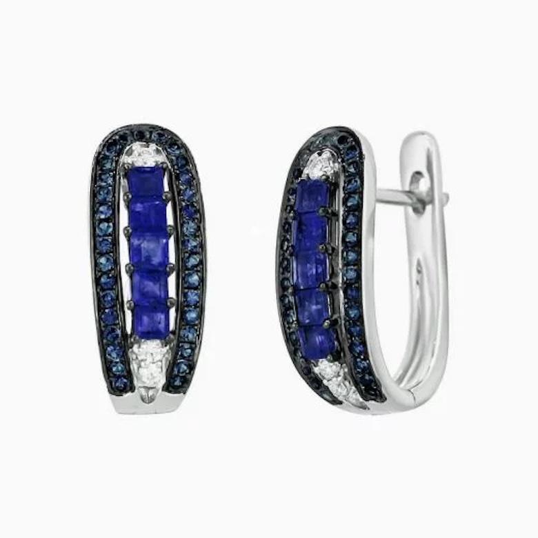Antique Cushion Cut Timeless Blue Sapphire Diamonds White Gold Band Lever-Back Earrings for Her For Sale