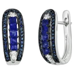 Timeless Blue Sapphire Diamonds White Gold Band Lever-Back Earrings for Her