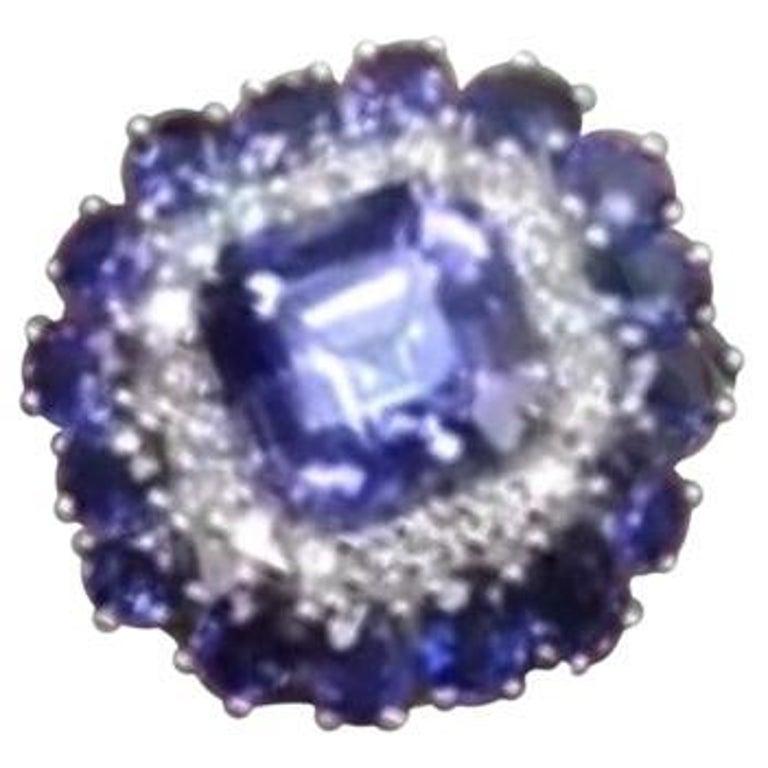 Modern Timeless Blue Sapphire White Diamond White 18K Gold Ring for Her For Sale