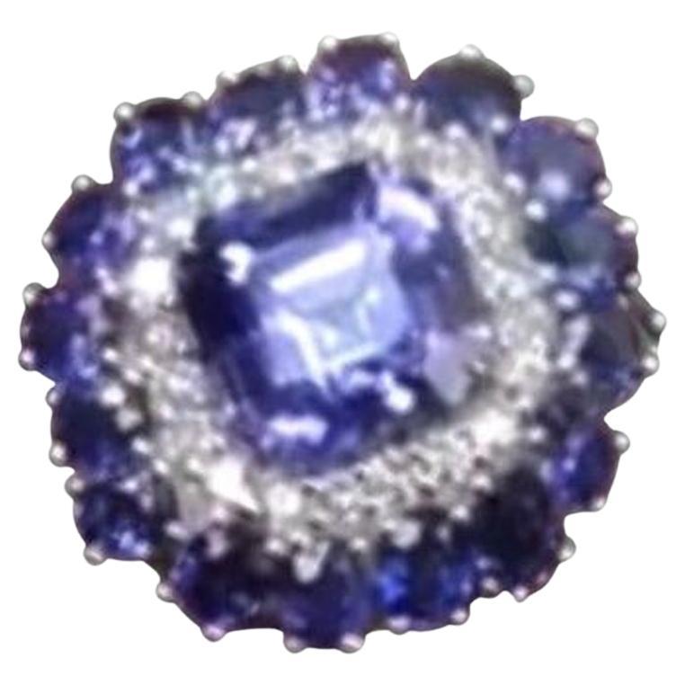 Timeless Blue Sapphire White Diamond White 18K Gold Ring for Her For Sale
