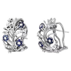 Boucles d'oreilles à levier intemporelles en or blanc avec saphir bleu et diamant blanc pour elle