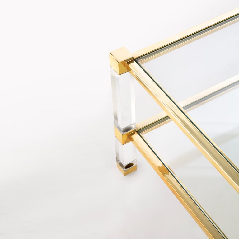 Timeless Brass and Plexiglass/ Acrylic Coffee Table with Glass Top and Shelf, Large For Sale at