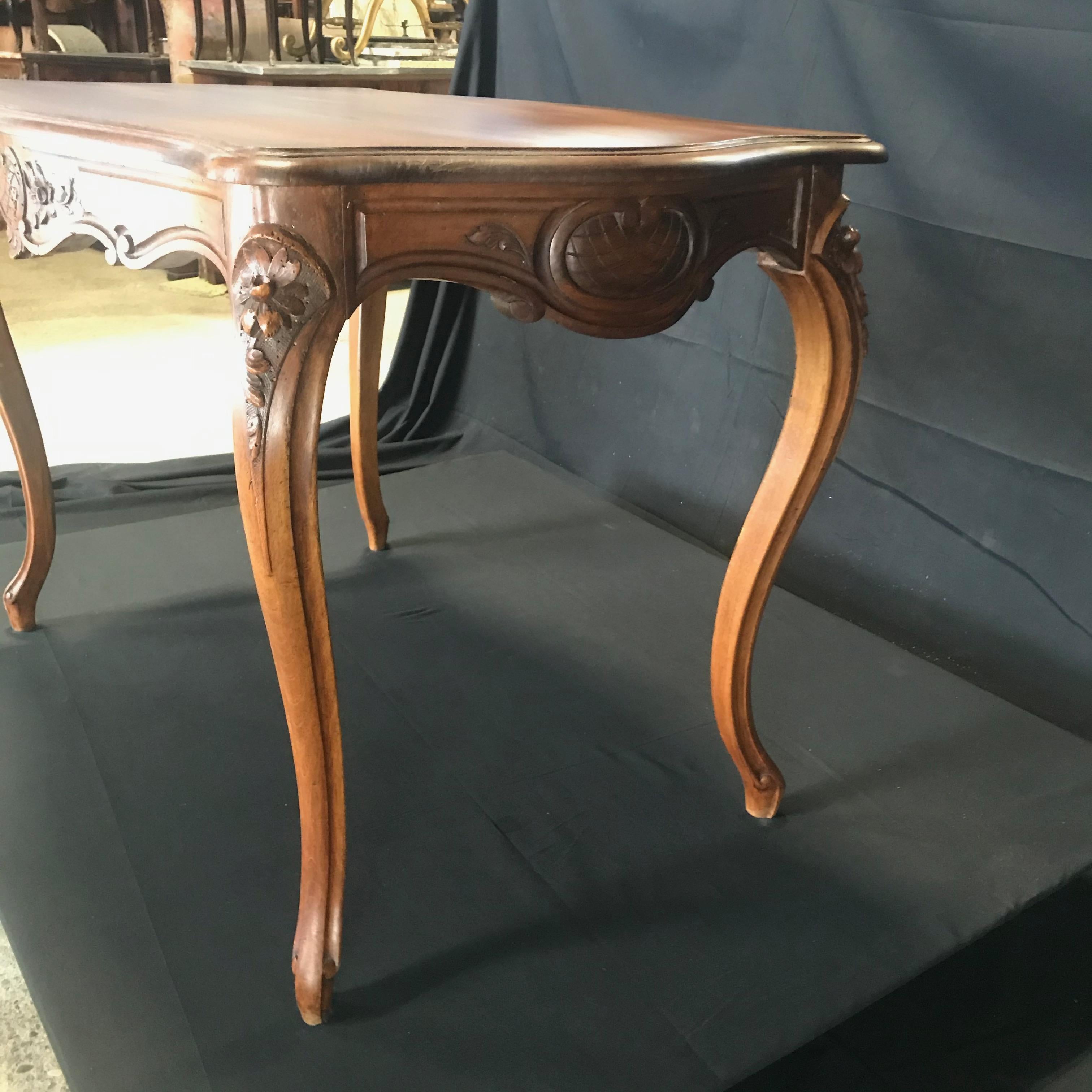 Timeless Carved French Walnut Louis XV Table or Writing Desk with One Drawer 1