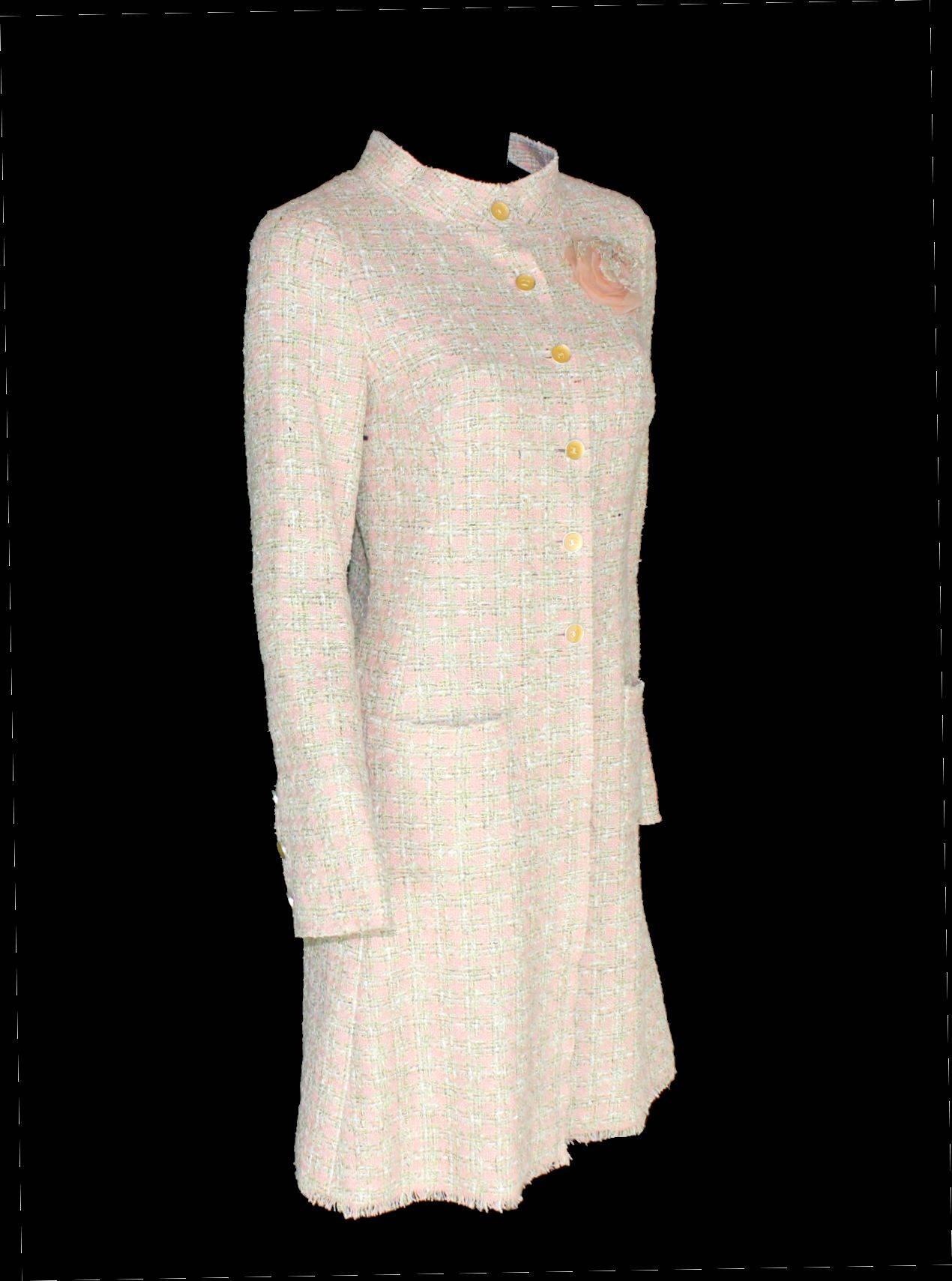 Beige Timeless CHANEL Fringed Fantasy Lesage Tweed Coat with Camellia Brooch