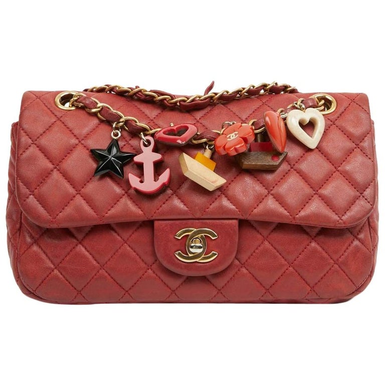 Timeless Chanel Limited Edition Quilted Red Bag With Charms For