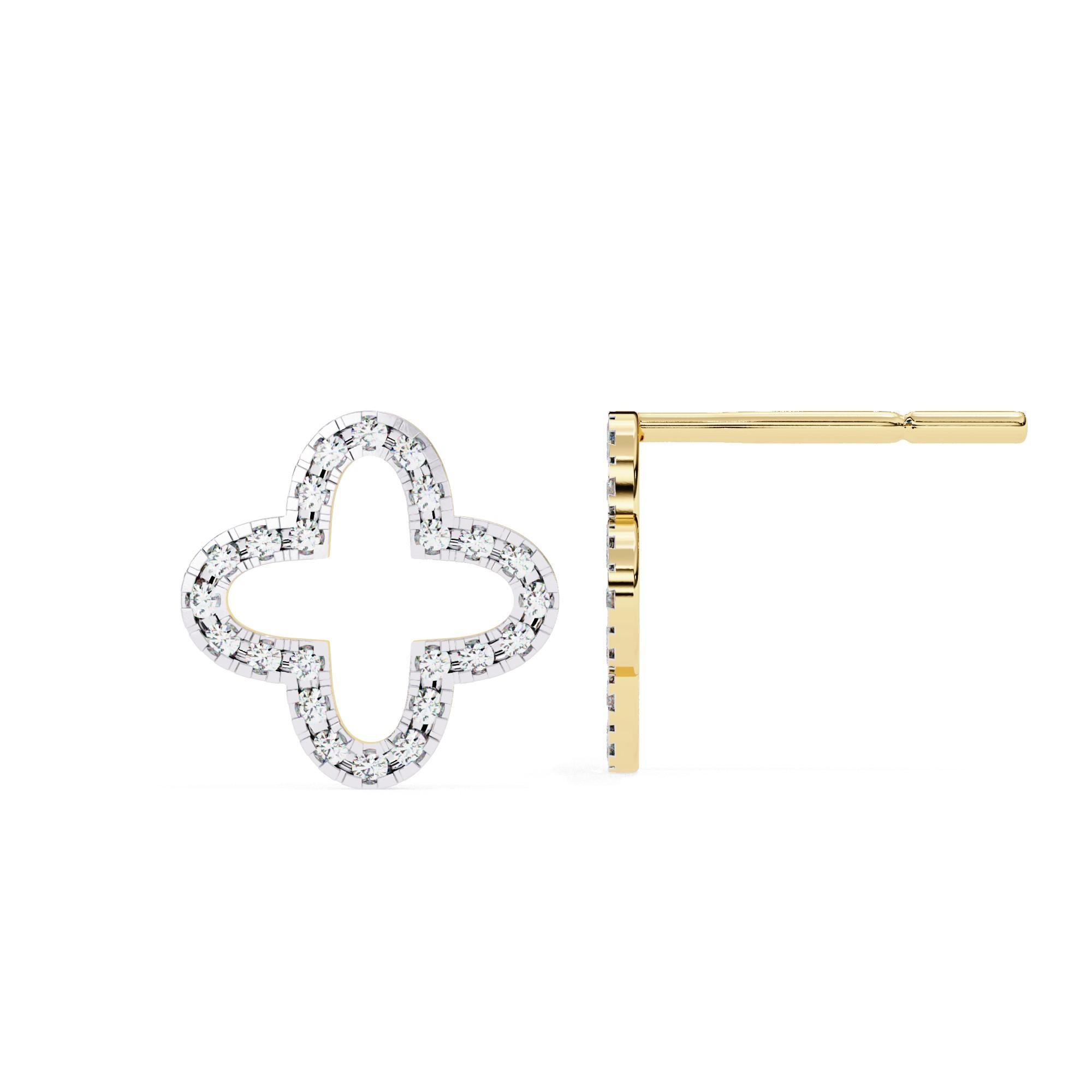 Modern Timeless Clover Natural Diamond Studs In 14KT Yellow Gold For Sale