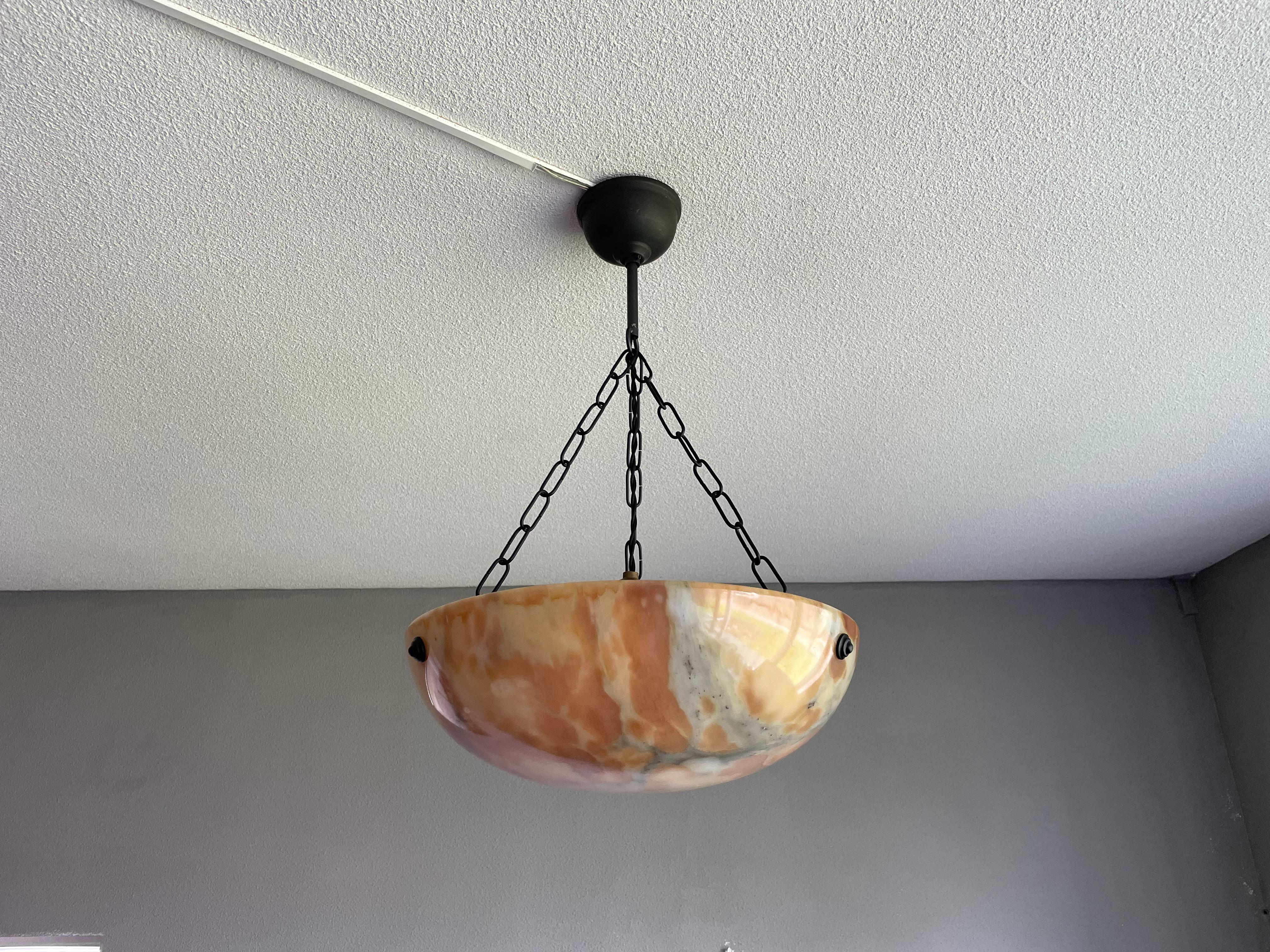 Timeless & Colorful Art Deco Alabaster Pendant Light w. Matching Design Canopy For Sale 5