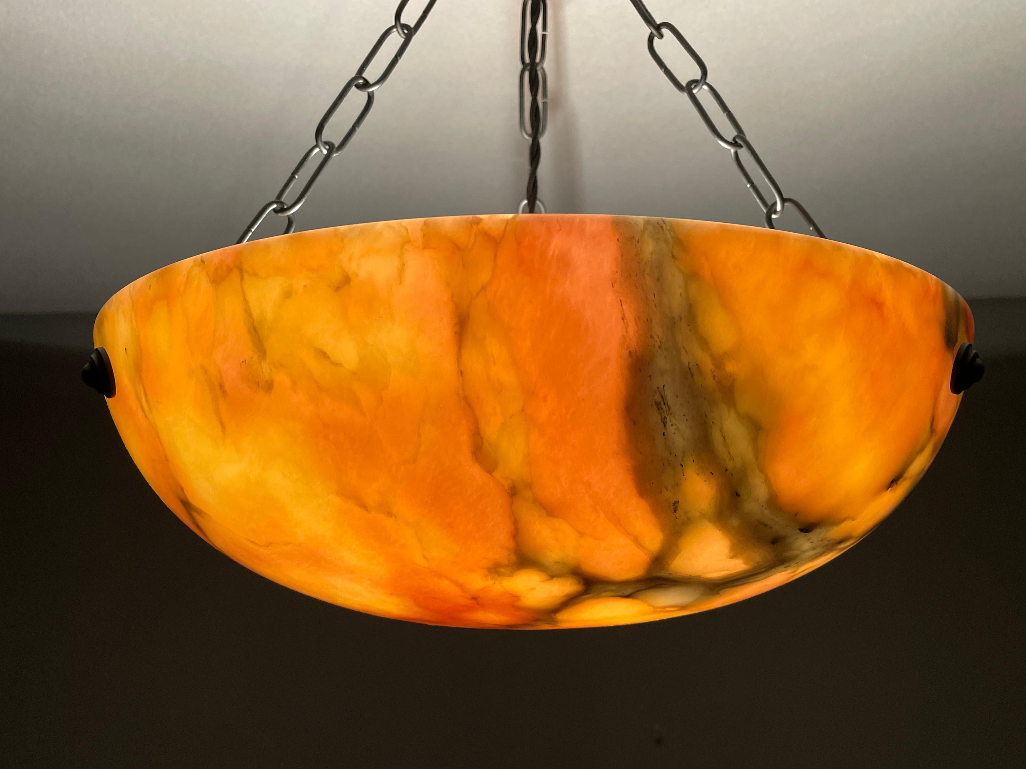 Timeless & Colorful Art Deco Alabaster Pendant Light w. Matching Design Canopy For Sale 7