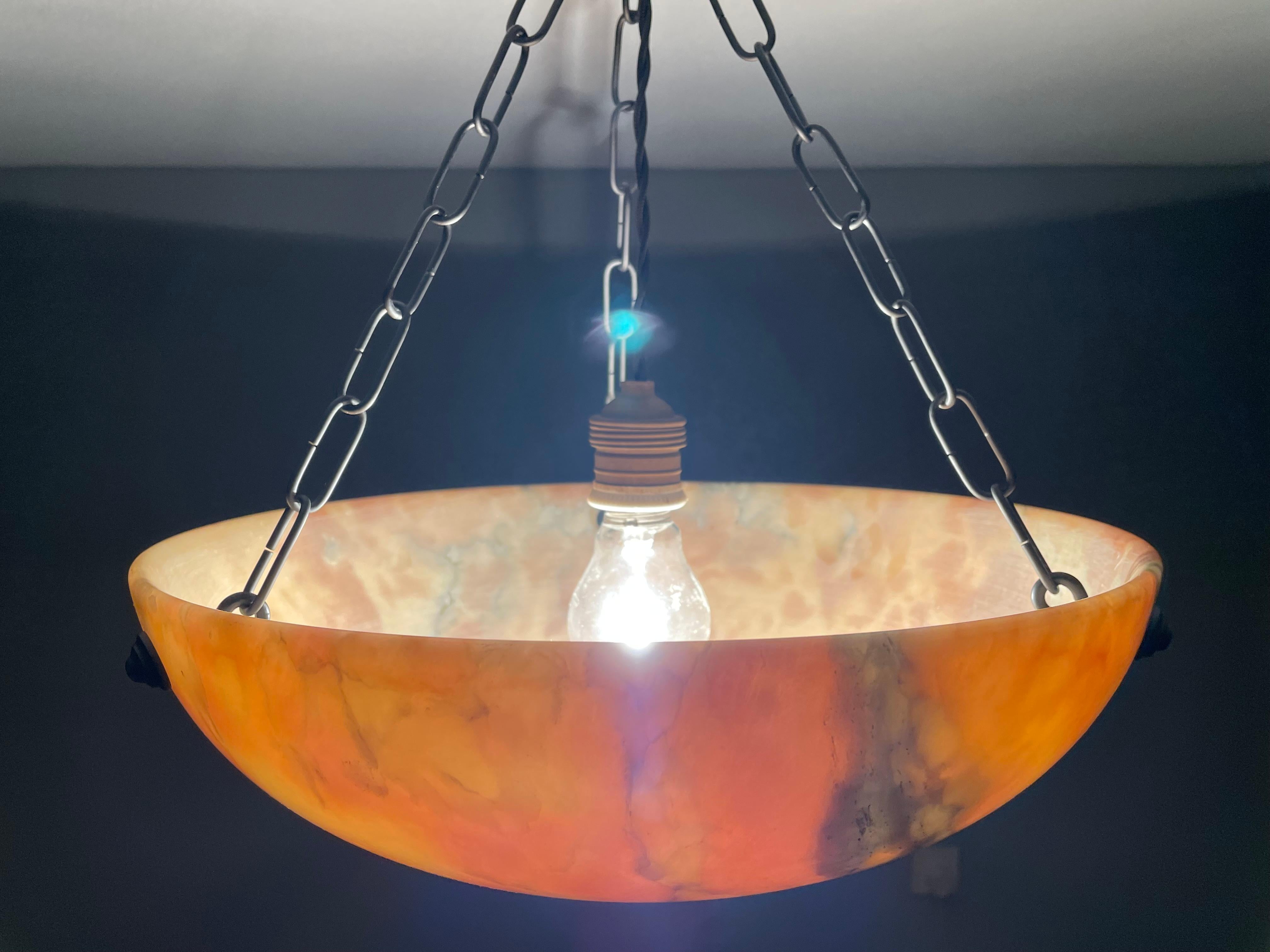 Timeless & Colorful Art Deco Alabaster Pendant Light w. Matching Design Canopy For Sale 8