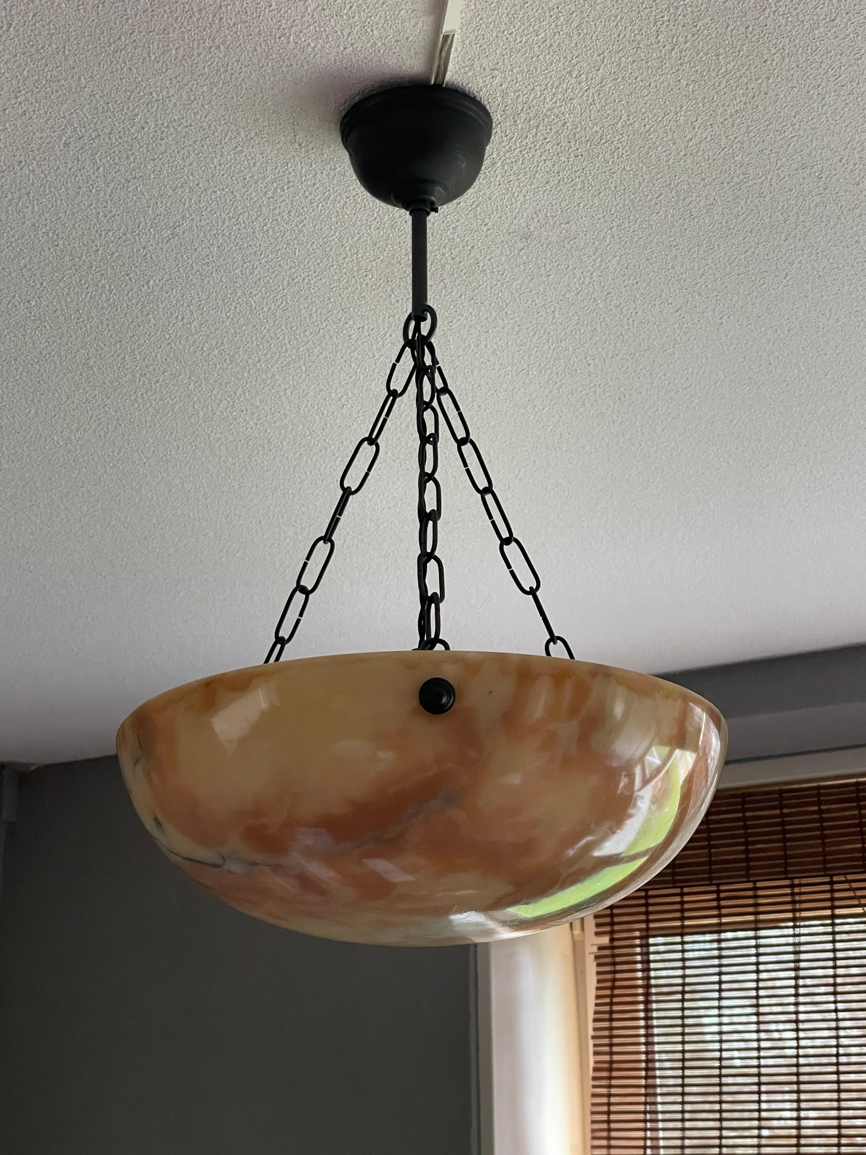 Timeless & Colorful Art Deco Alabaster Pendant Light w. Matching Design Canopy For Sale 9