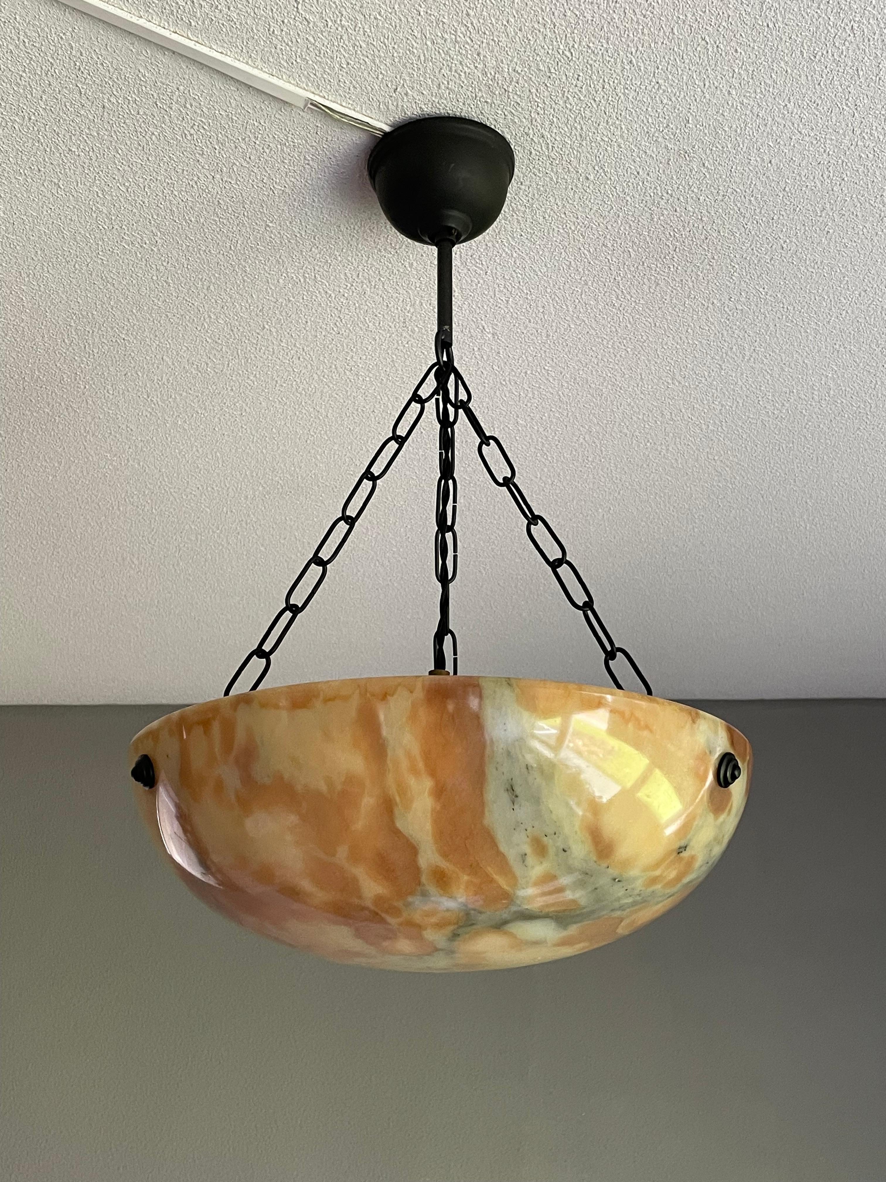 Timeless & Colorful Art Deco Alabaster Pendant Light w. Matching Design Canopy For Sale 11