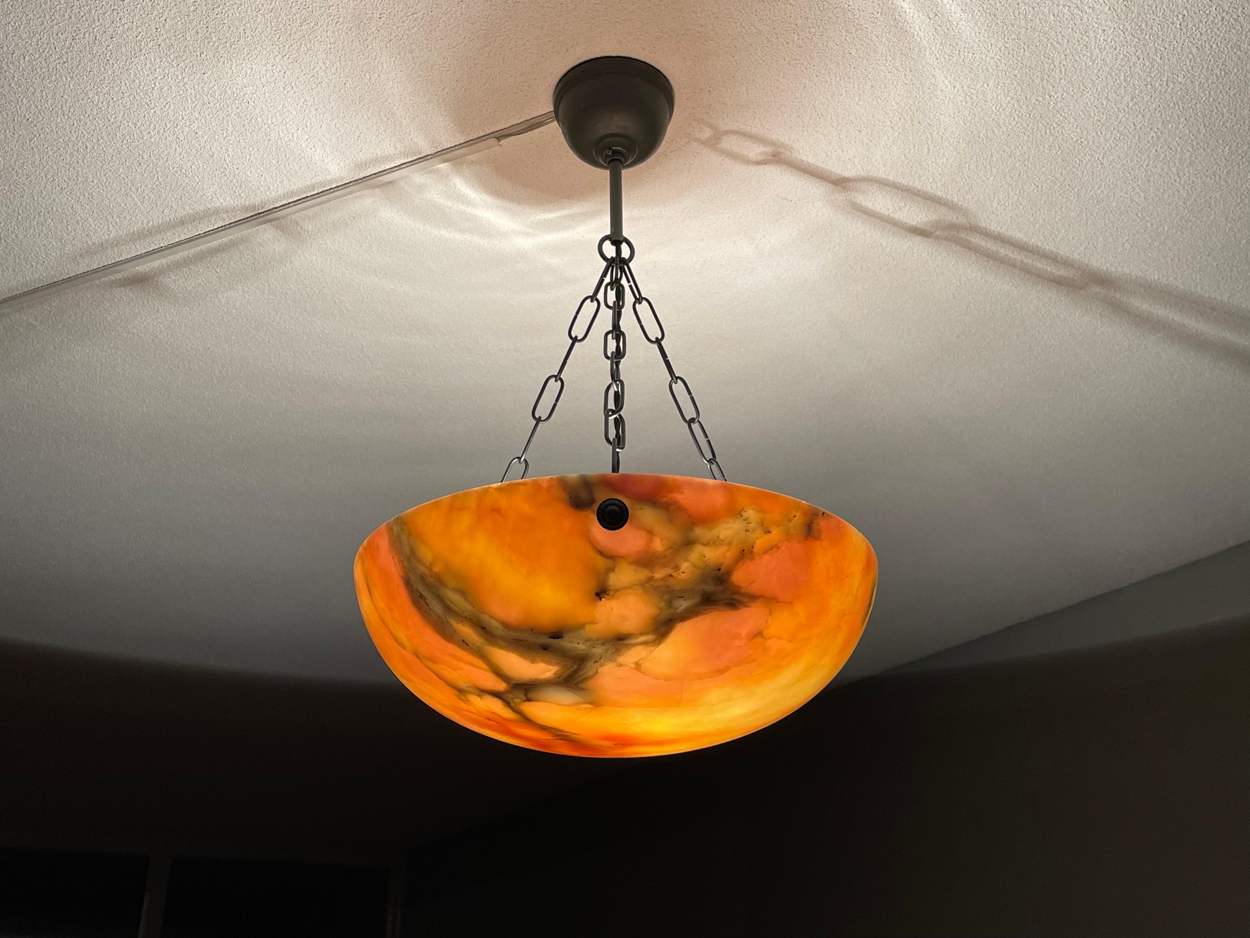 Timeless & Colorful Art Deco Alabaster Pendant Light w. Matching Design Canopy For Sale 12