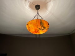 Timeless & Colorful Art Deco Alabaster Pendant Light w. Matching Design Canopy