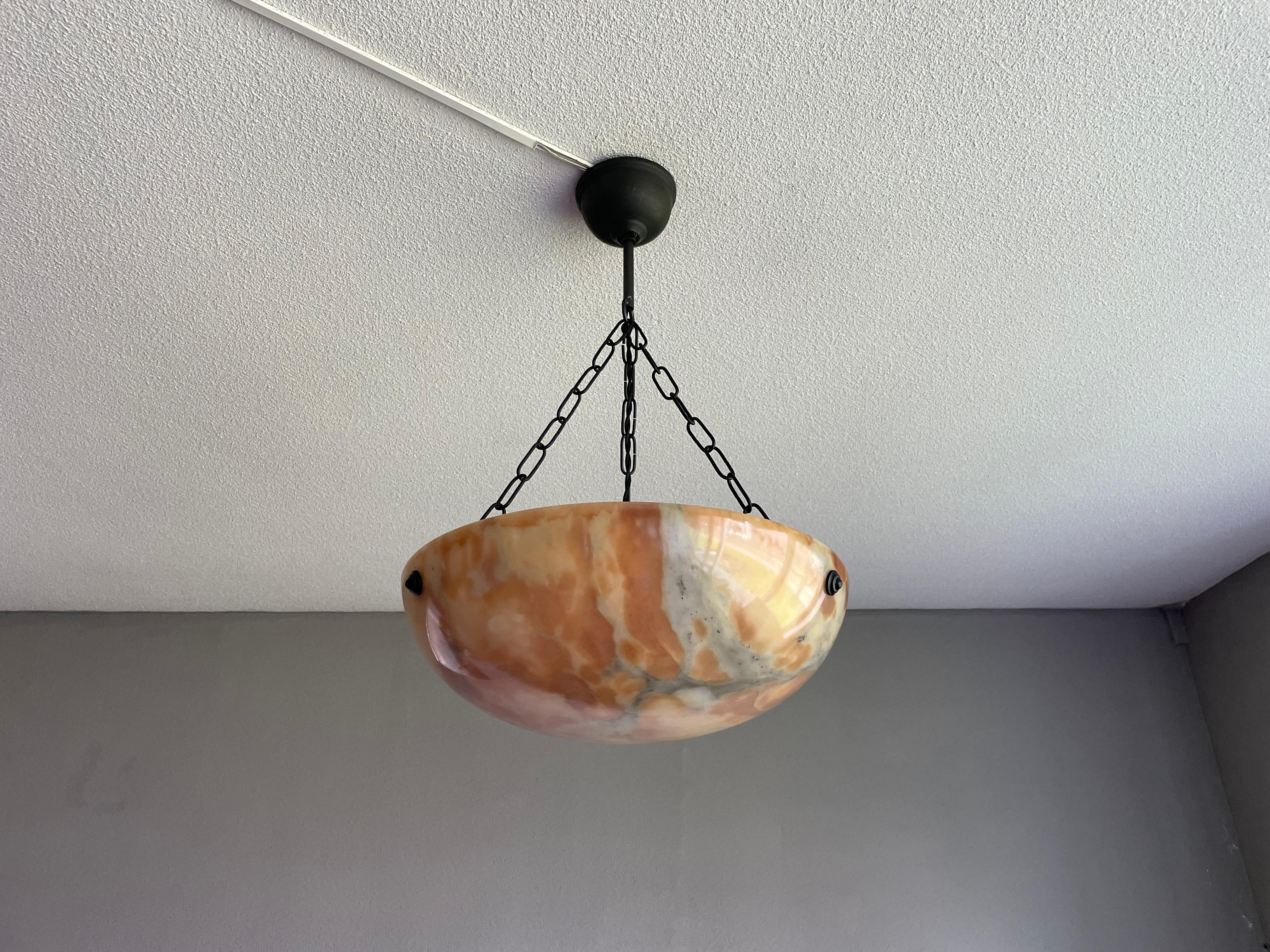 Timeless & Colorful Art Deco Alabaster Pendant Light w. Matching Design Canopy For Sale 13