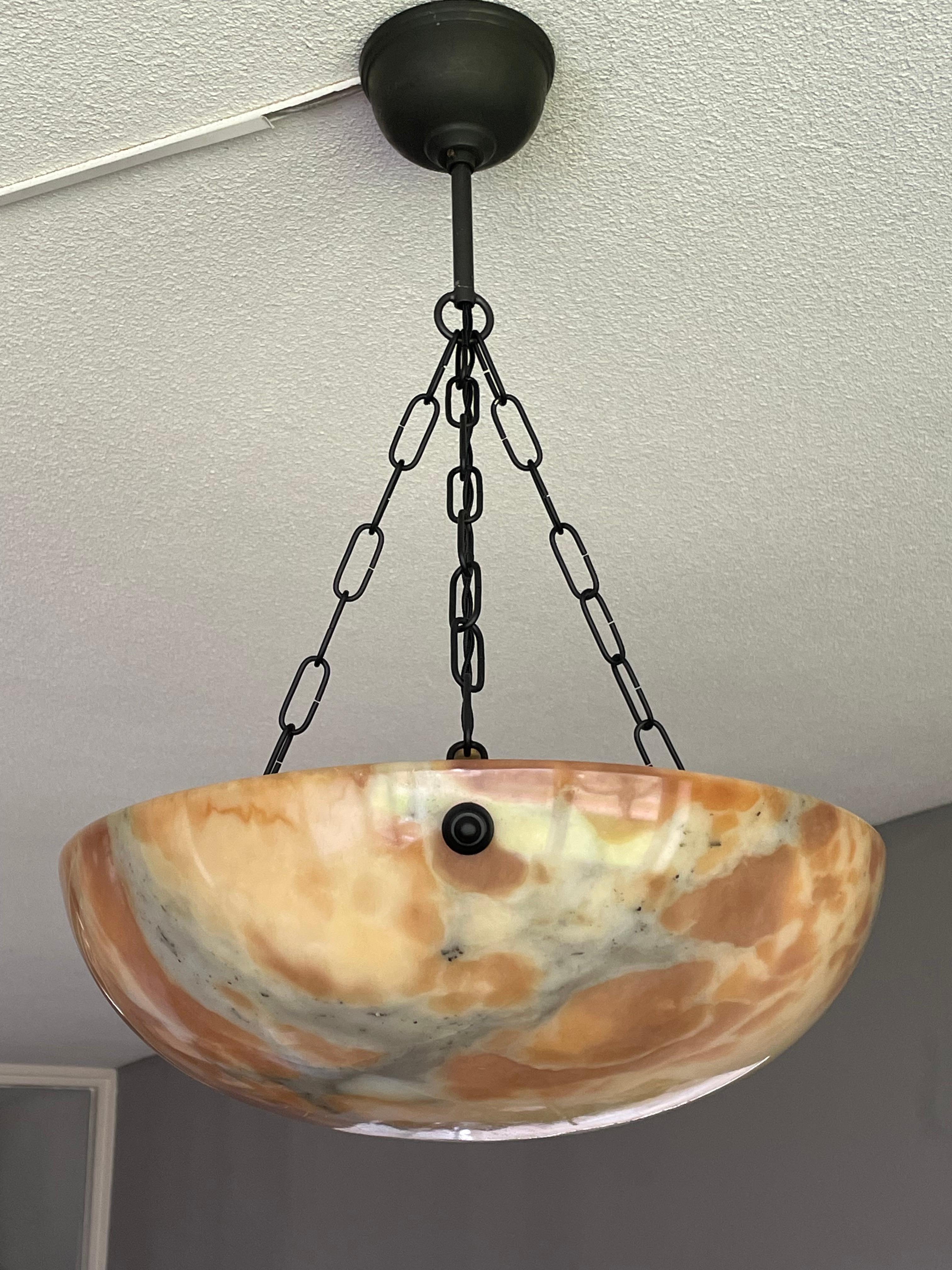 European Timeless & Colorful Art Deco Alabaster Pendant Light w. Matching Design Canopy For Sale