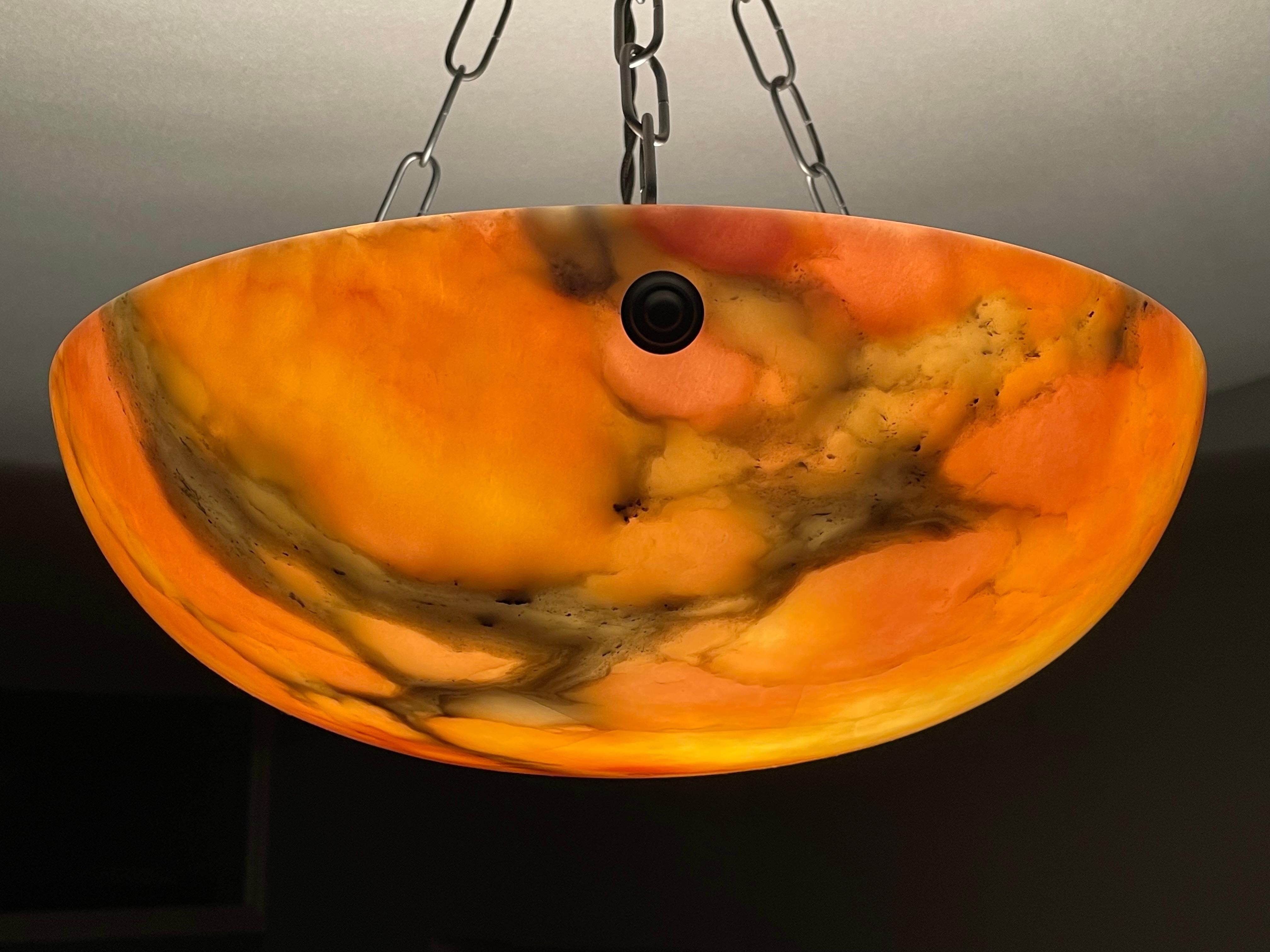 Blackened Timeless & Colorful Art Deco Alabaster Pendant Light w. Matching Design Canopy For Sale