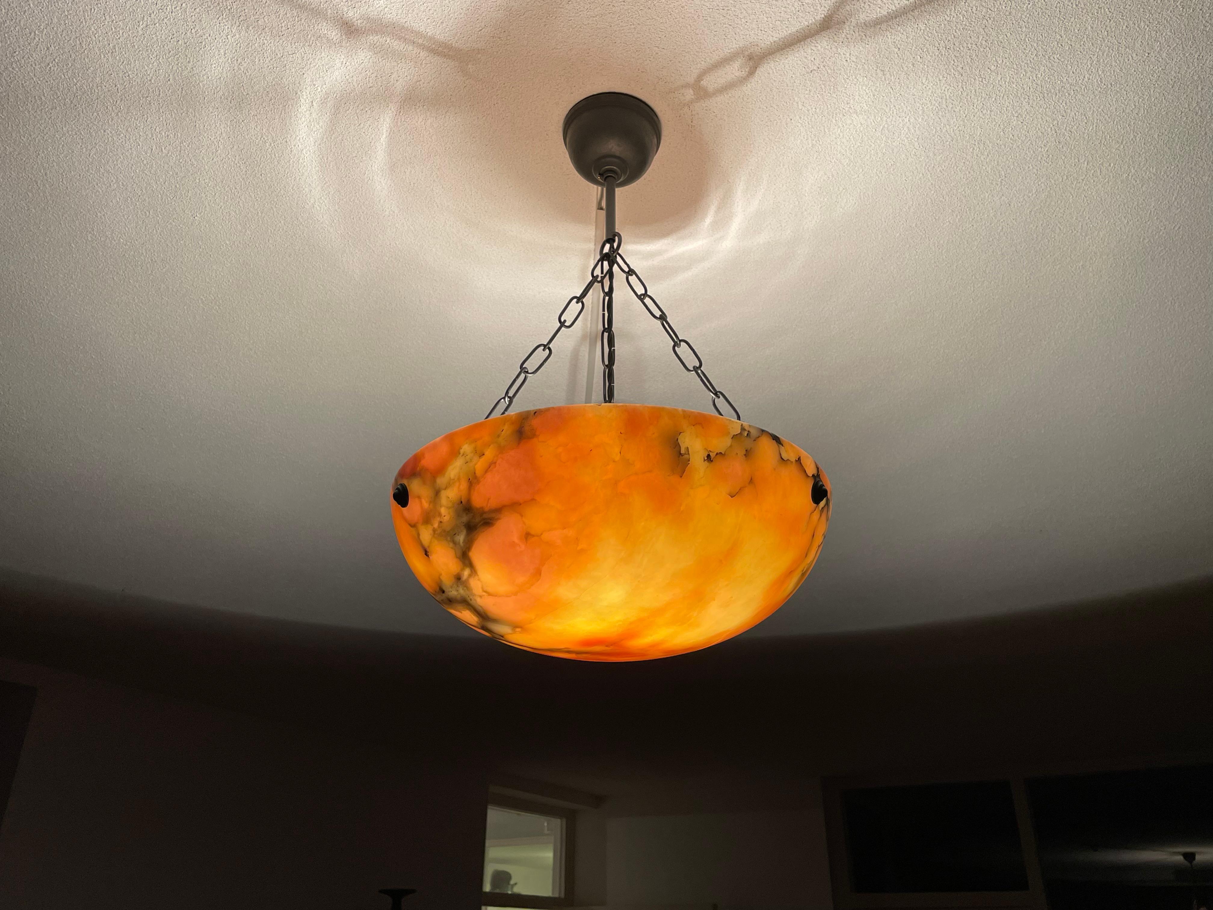 20th Century Timeless & Colorful Art Deco Alabaster Pendant Light w. Matching Design Canopy For Sale