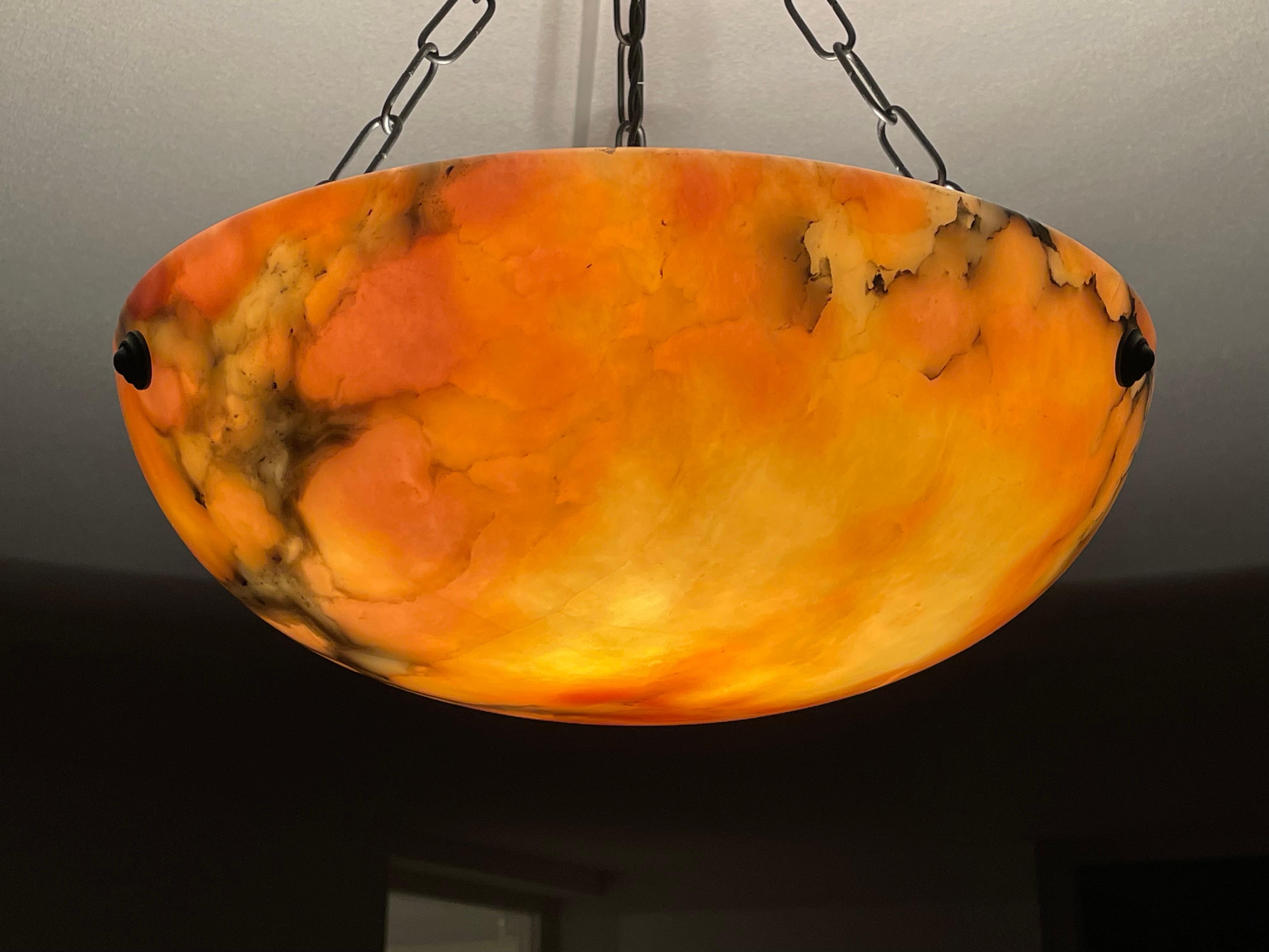 Metal Timeless & Colorful Art Deco Alabaster Pendant Light w. Matching Design Canopy For Sale