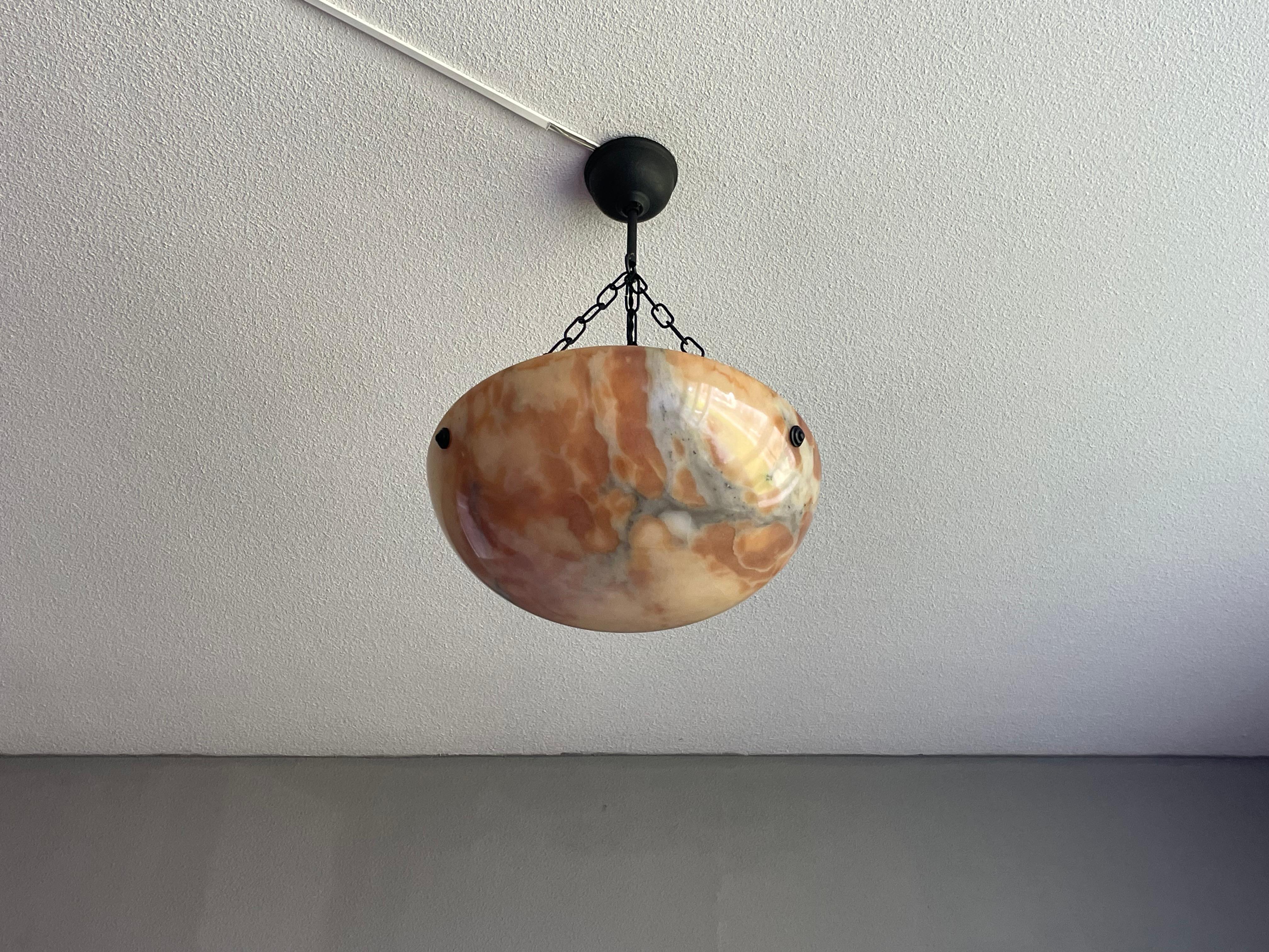 Timeless & Colorful Art Deco Alabaster Pendant Light w. Matching Design Canopy For Sale 1