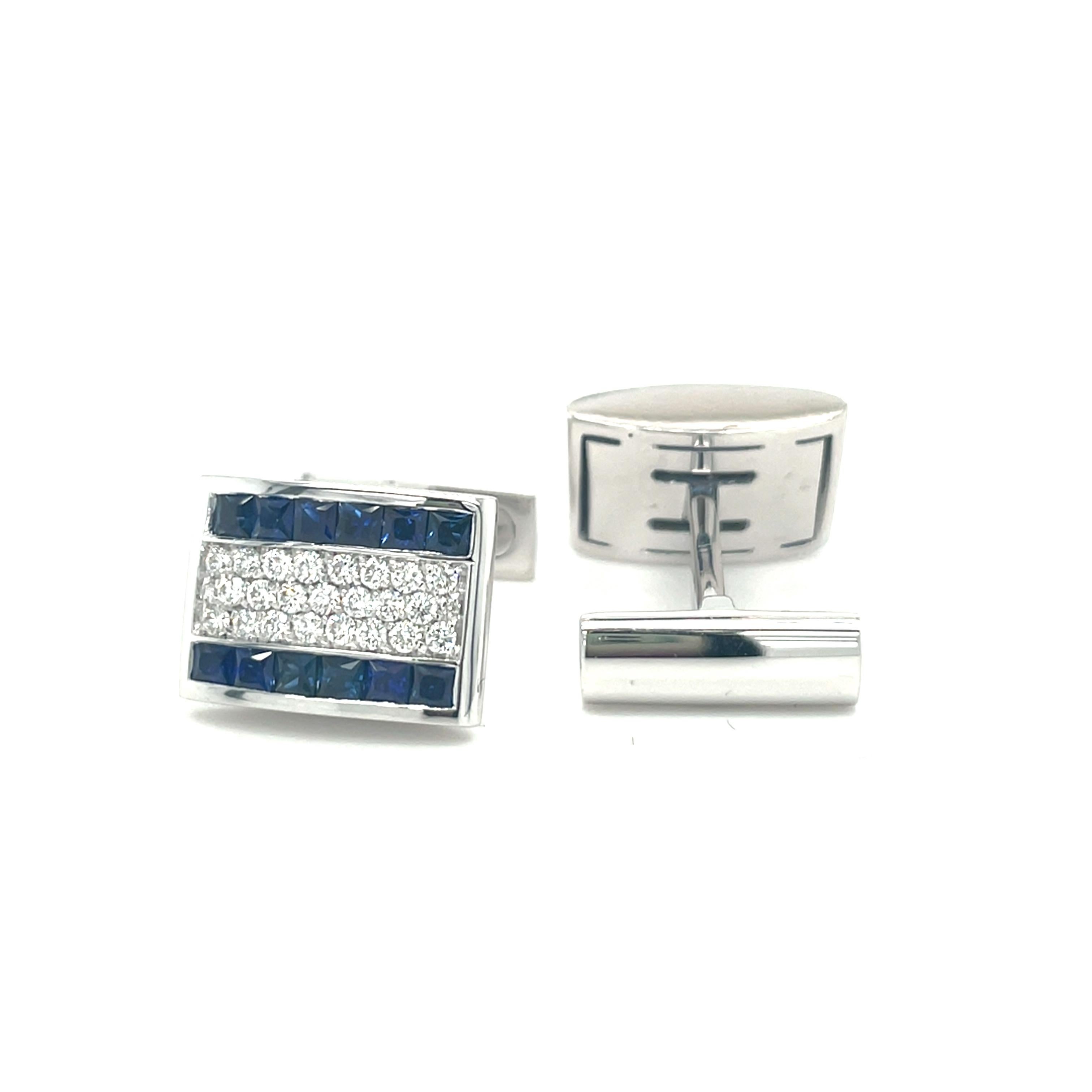 These white gold cufflinks are from Men's Collection. These cufflinks are decorated with White gold, diamond G color VS clarity 0.88 ct and blue Sapphires 2.52 ct. The dimensions of the cufflinks are 1.2cm x 1.2cm. These cufflinks are a perfect