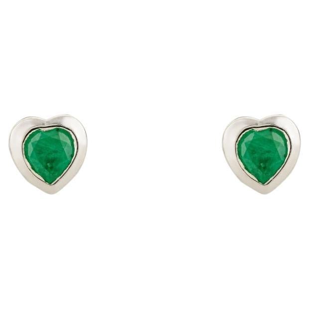 Timeless Dainty Emerald Heart Stud Earrings in 14k White Gold Everyday Wear