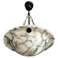 Timeless Design Handcarved Black & White Art Deco Alabaster Pendant Light 1910s