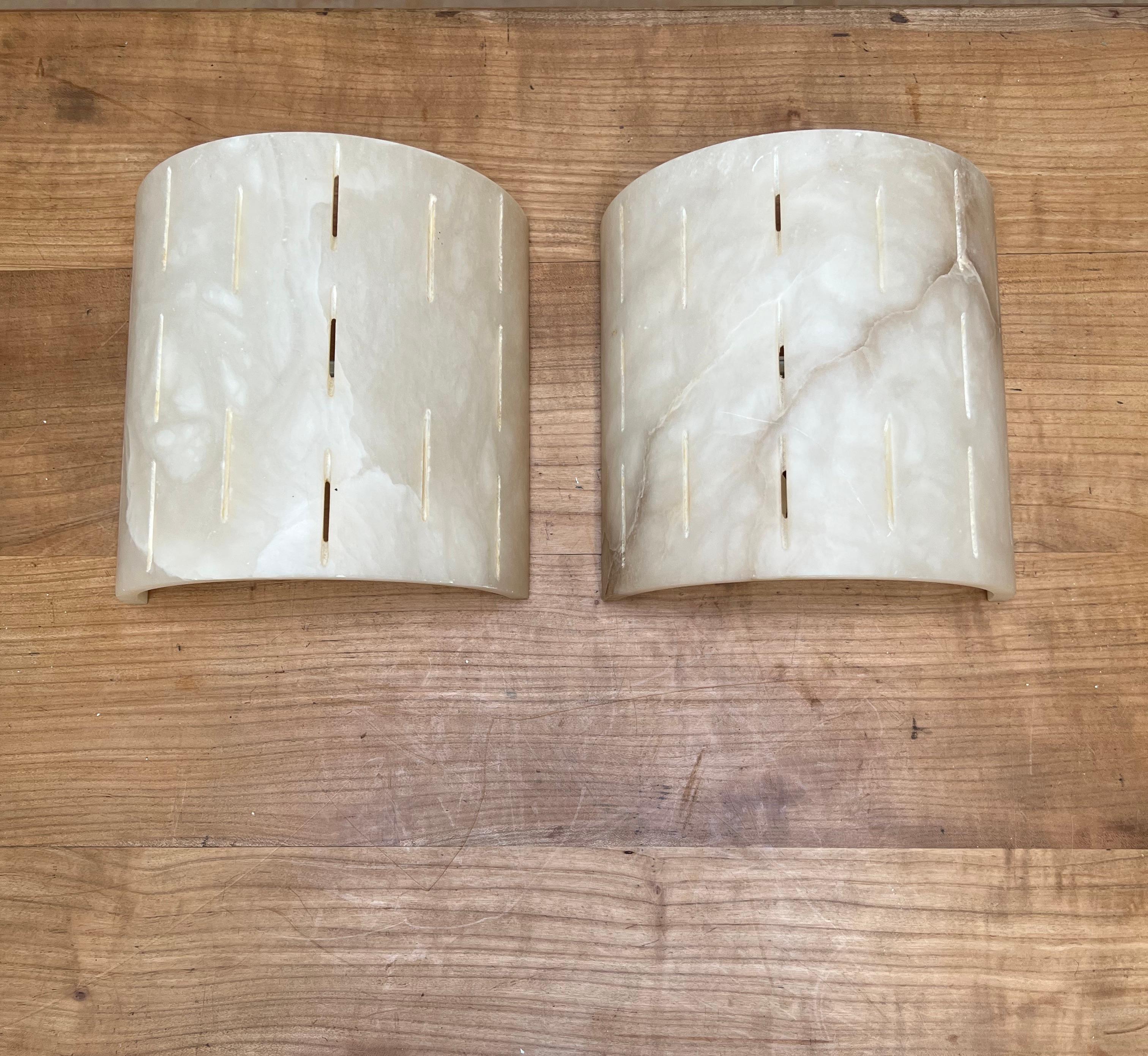 Timeless Design Pair of Art Deco Style Alabaster Wall Sconces / Light Fixtures For Sale 11