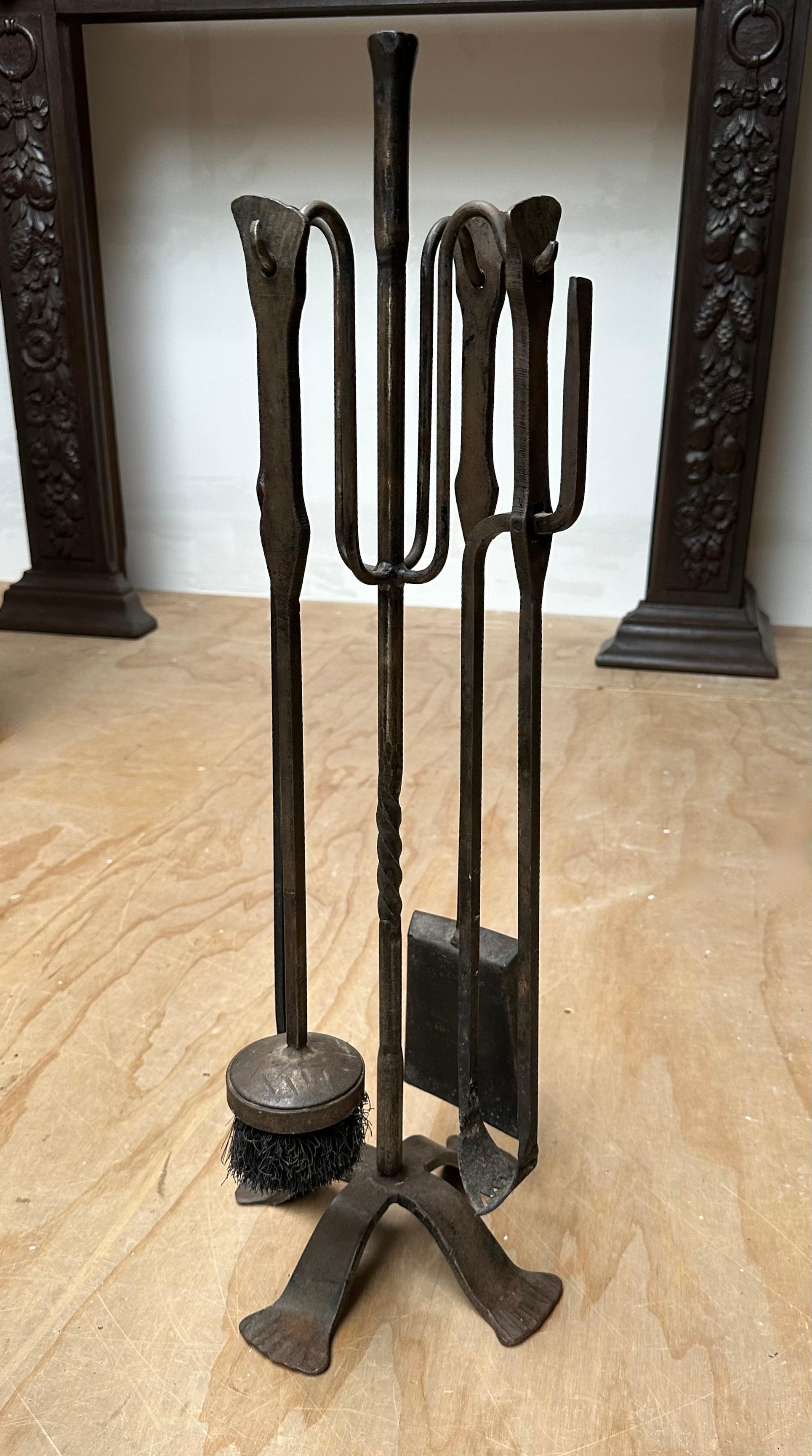 Timeless Design with Subtle Hand Forged Forms, Wrought Iron Fireplace Tools Set  For Sale 9
