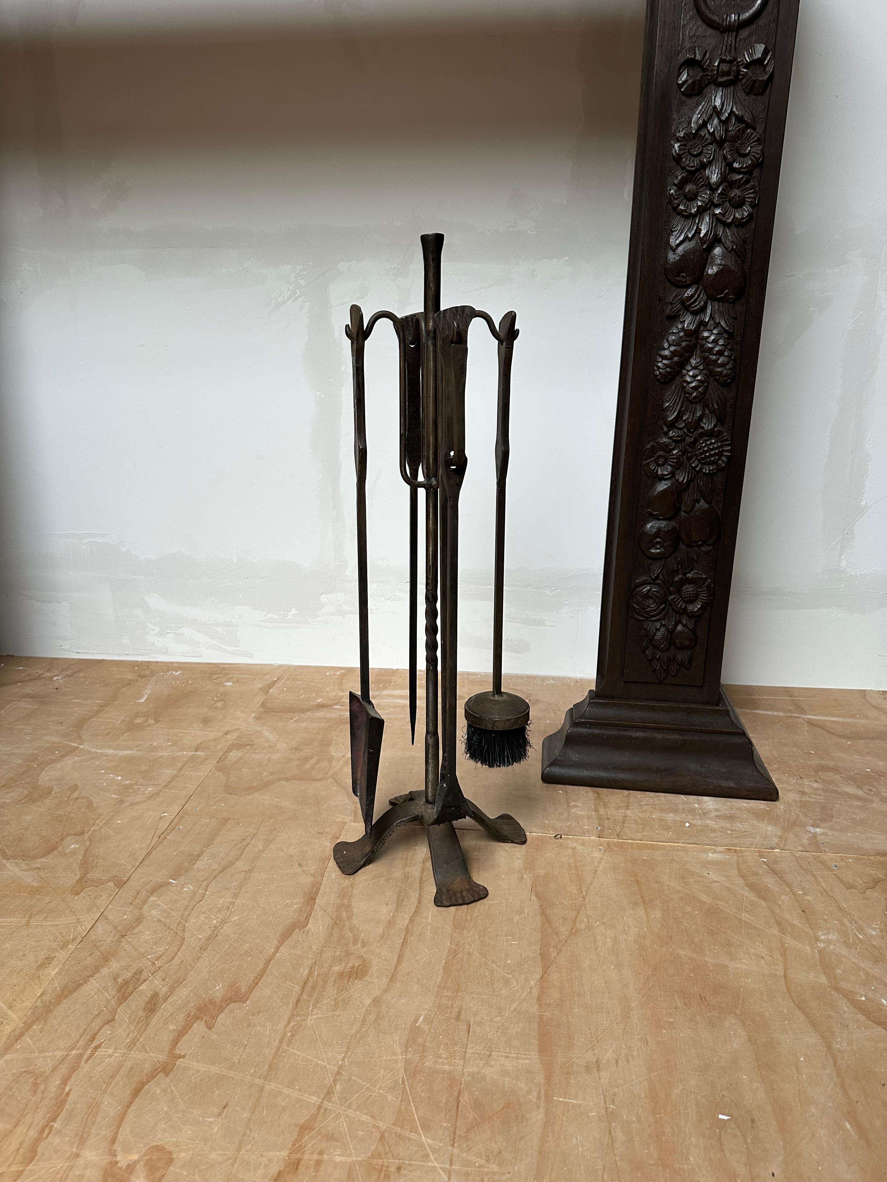 Brutalist Timeless Design with Subtle Hand Forged Forms, Wrought Iron Fireplace Tools Set  For Sale