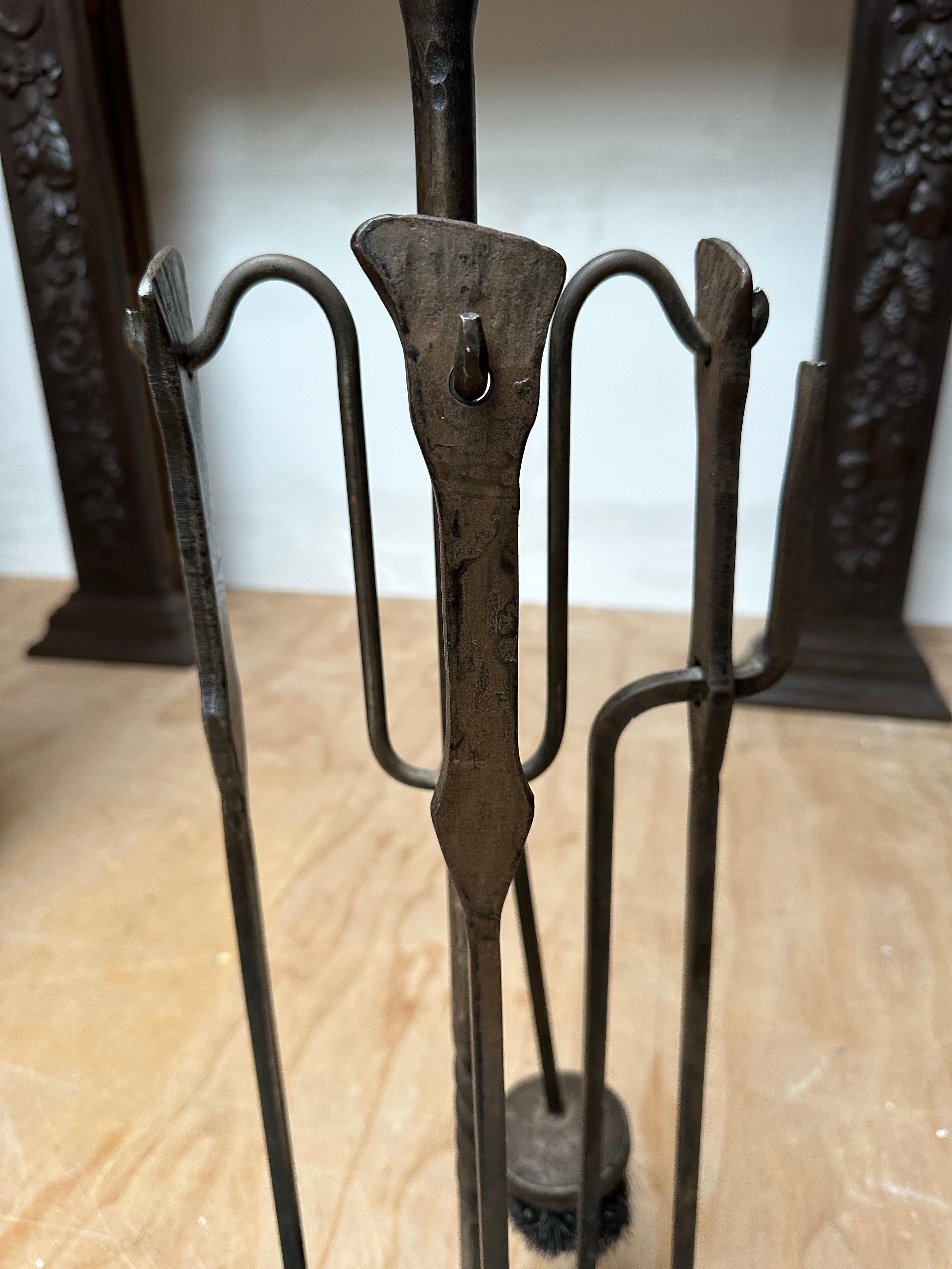 European Timeless Design with Subtle Hand Forged Forms, Wrought Iron Fireplace Tools Set  For Sale