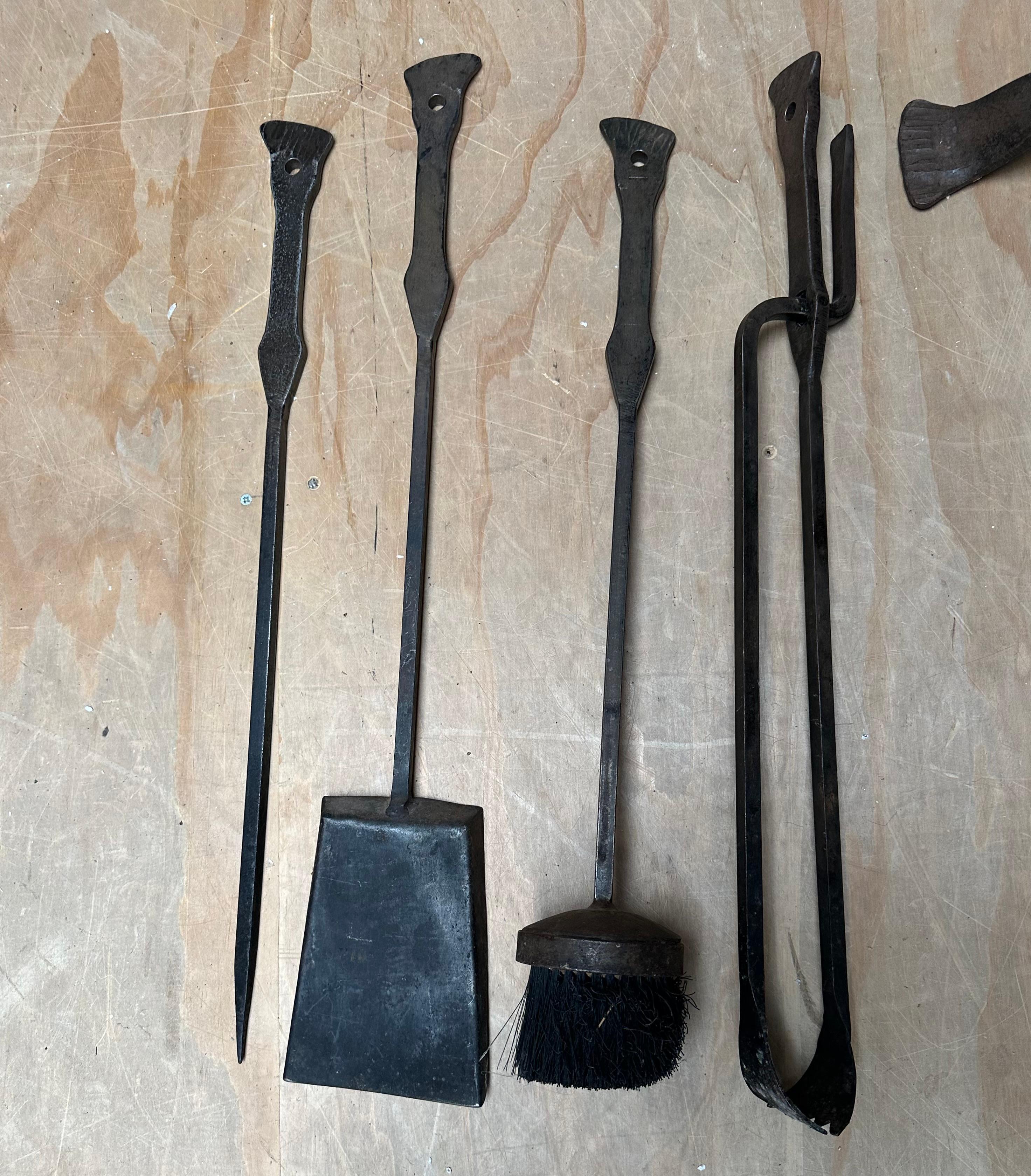 Blackened Timeless Design with Subtle Hand Forged Forms, Wrought Iron Fireplace Tools Set  For Sale