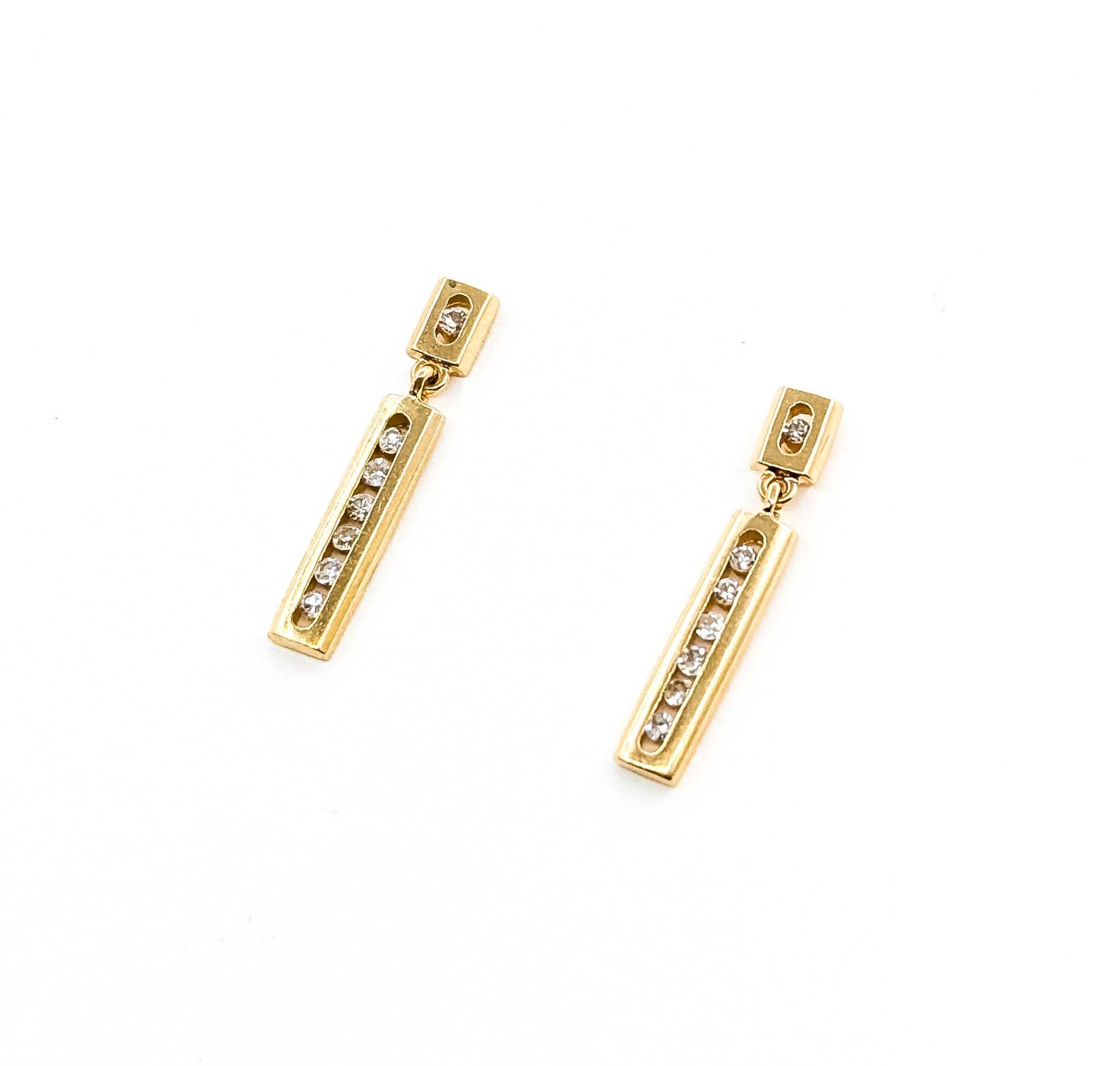 Contemporary Timeless Diamond Dangle Bar Earrings in 14K Yellow Gold For Sale