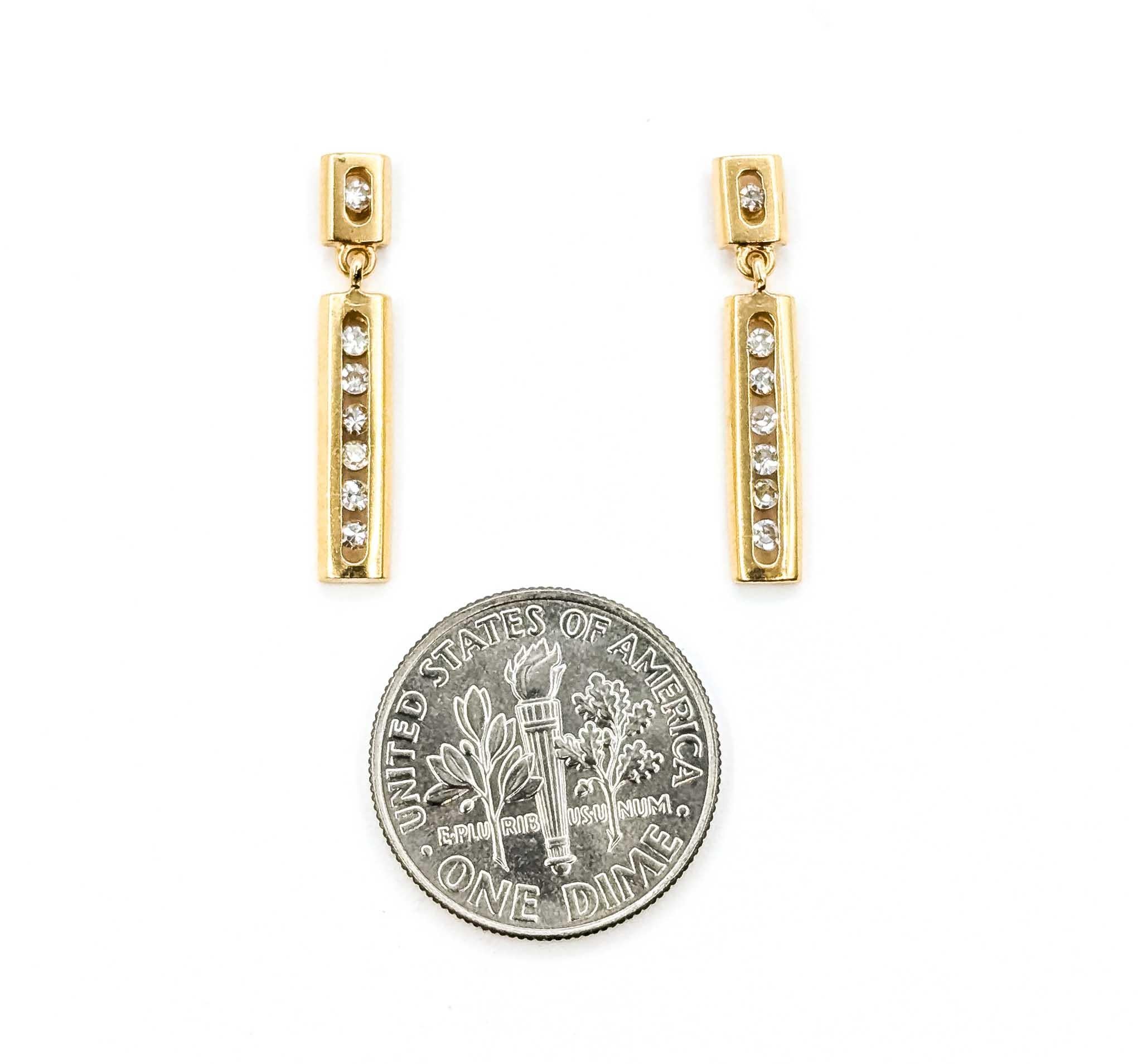 Timeless Diamond Dangle Bar Earrings in 14K Yellow Gold For Sale 1
