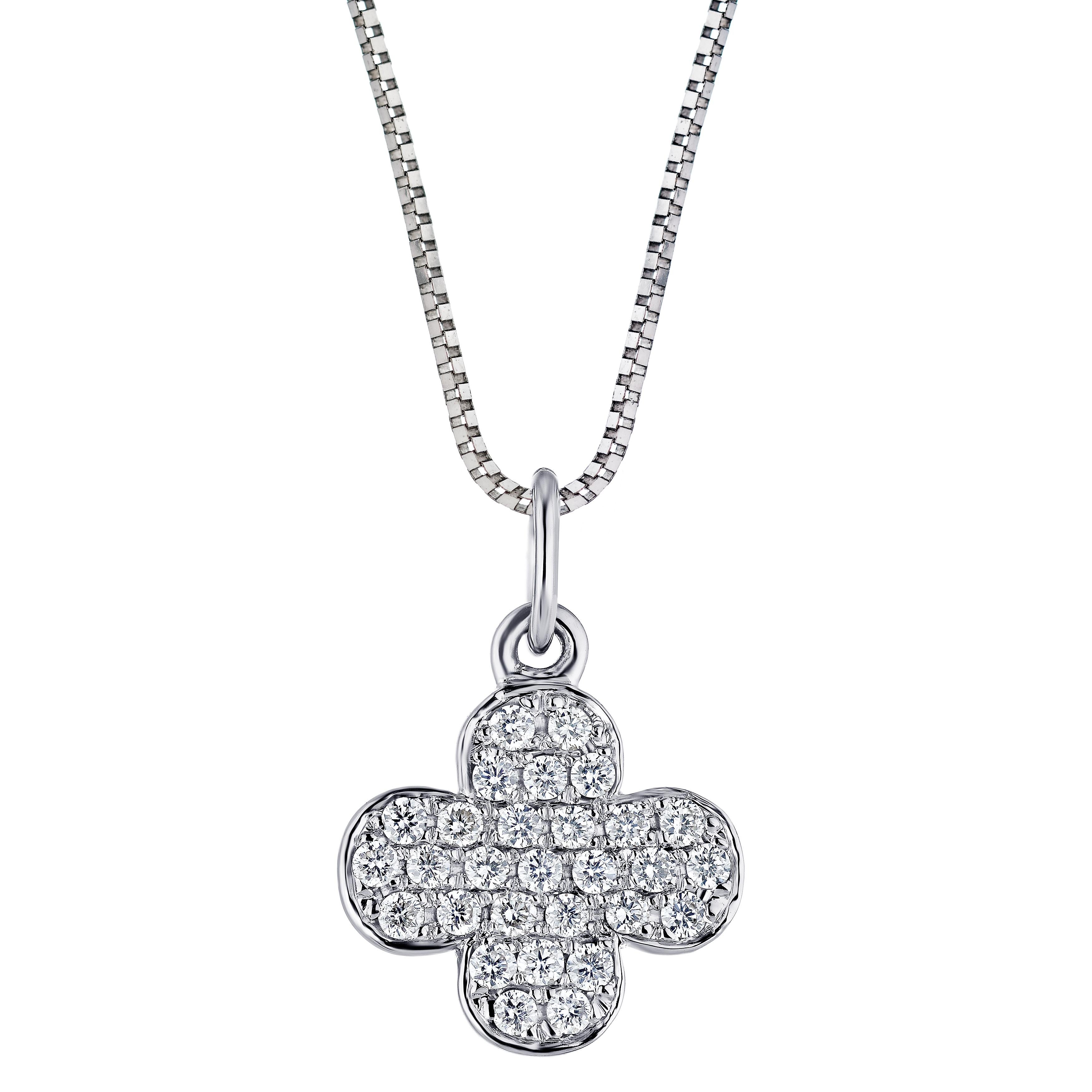 Timeless diamond flower pendant design
14 white gold with sparkling 1/2 carat total round stones
Pendant suspends from an 18 inch chain

