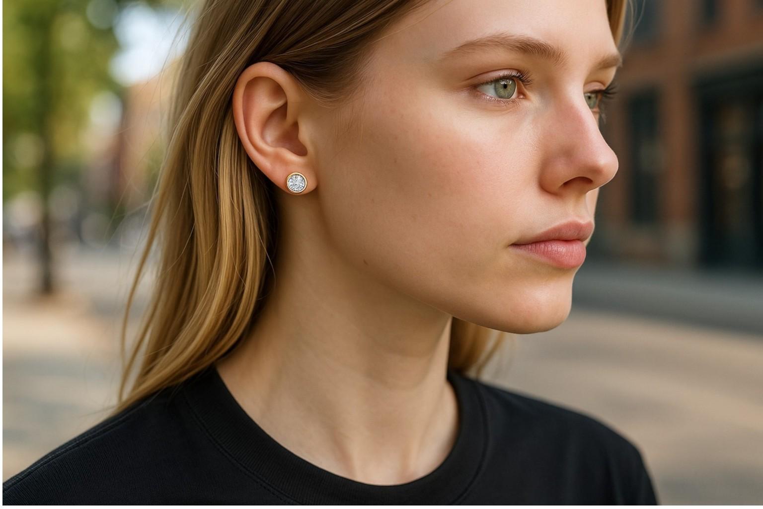 Zeitlose Eleganz 14K Gelbgold Lünette Set Diamant Ohrstecker (Rundschliff) im Angebot