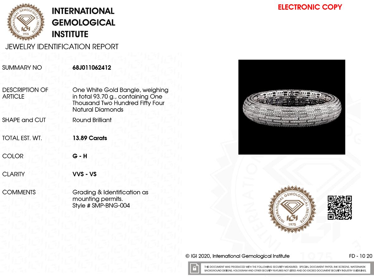 Monte made in Italy! La qualità, le finiture e l'eccezionale maestria dei supporti italiani sono di prim'ordine.
Questo lussuoso braccialetto in oro bianco 18KT è elegantemente incastonato con 13,89 carati di diamanti naturali, che mostrano un