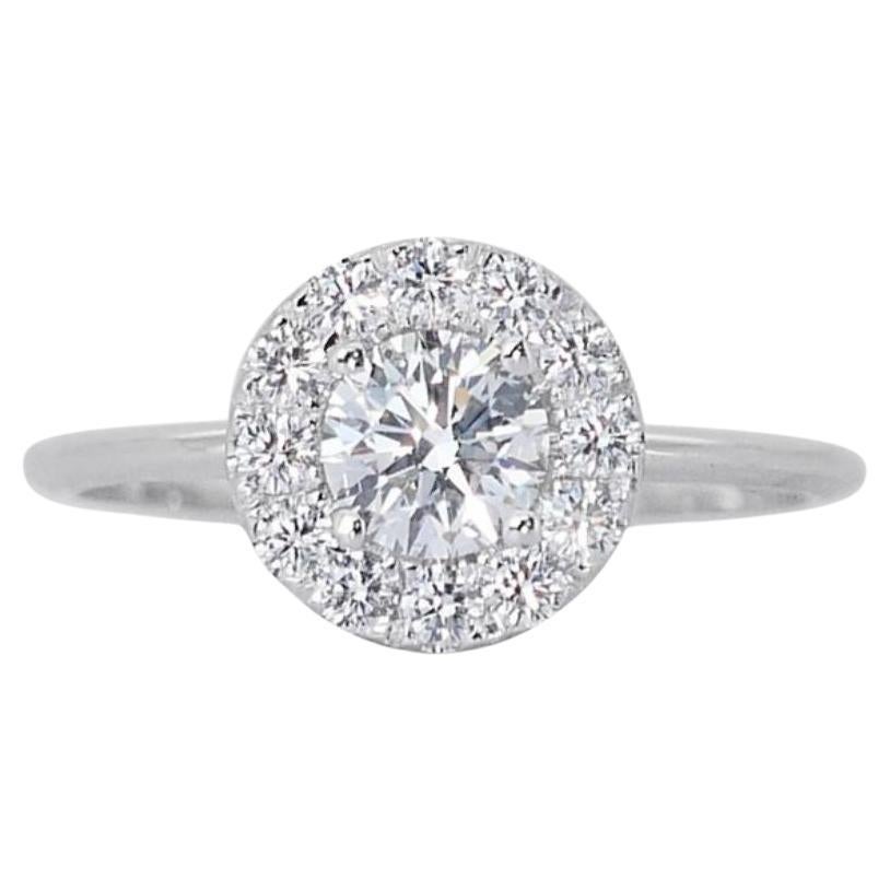 Timeless Elegance: Dazzling 0.8ct Round Diamond Ring in 18K White Gold For Sale