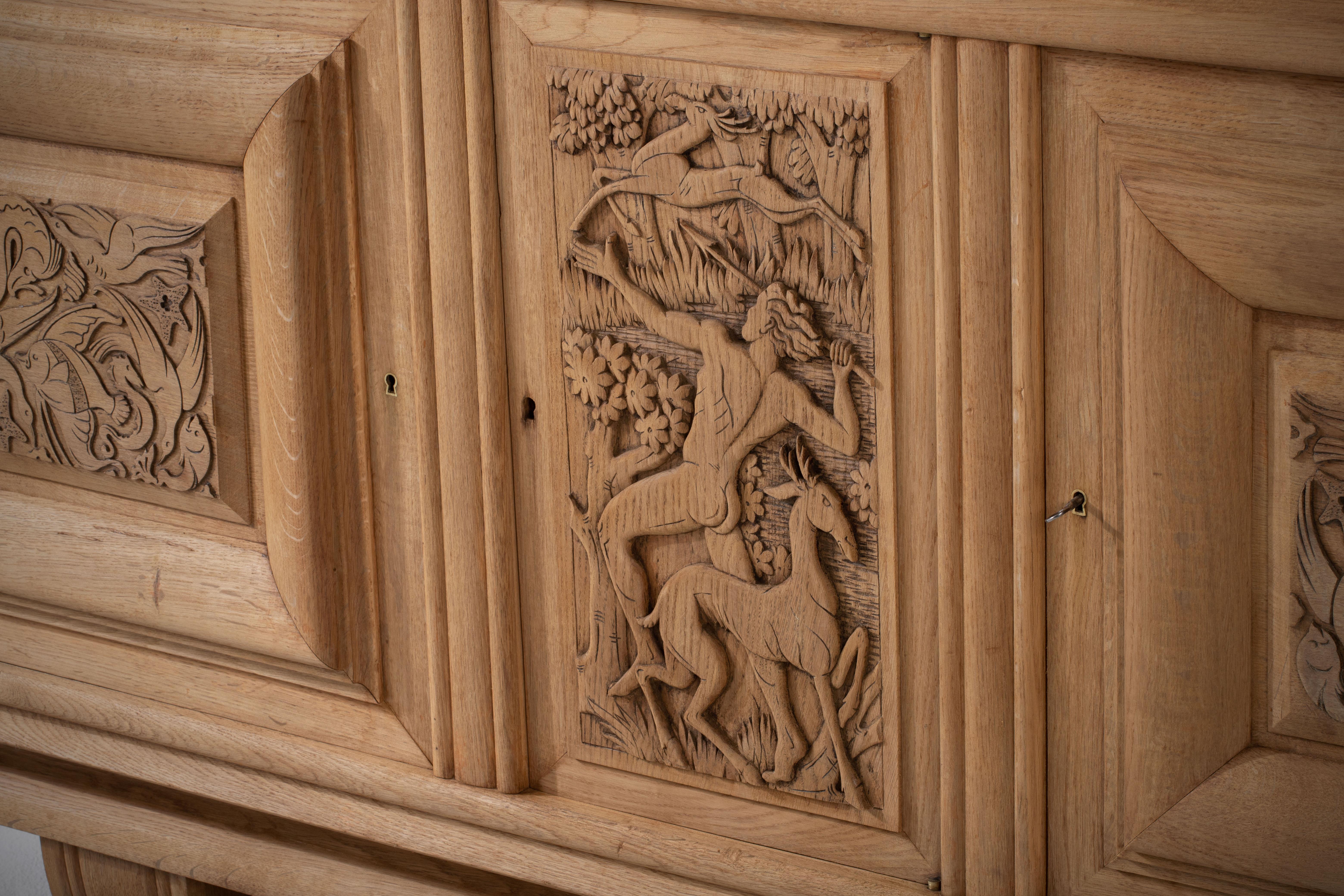 Mid-20th Century Timeless Elegance, Hand-Carved Classical Buffet with Enchanting Hunting Scene For Sale