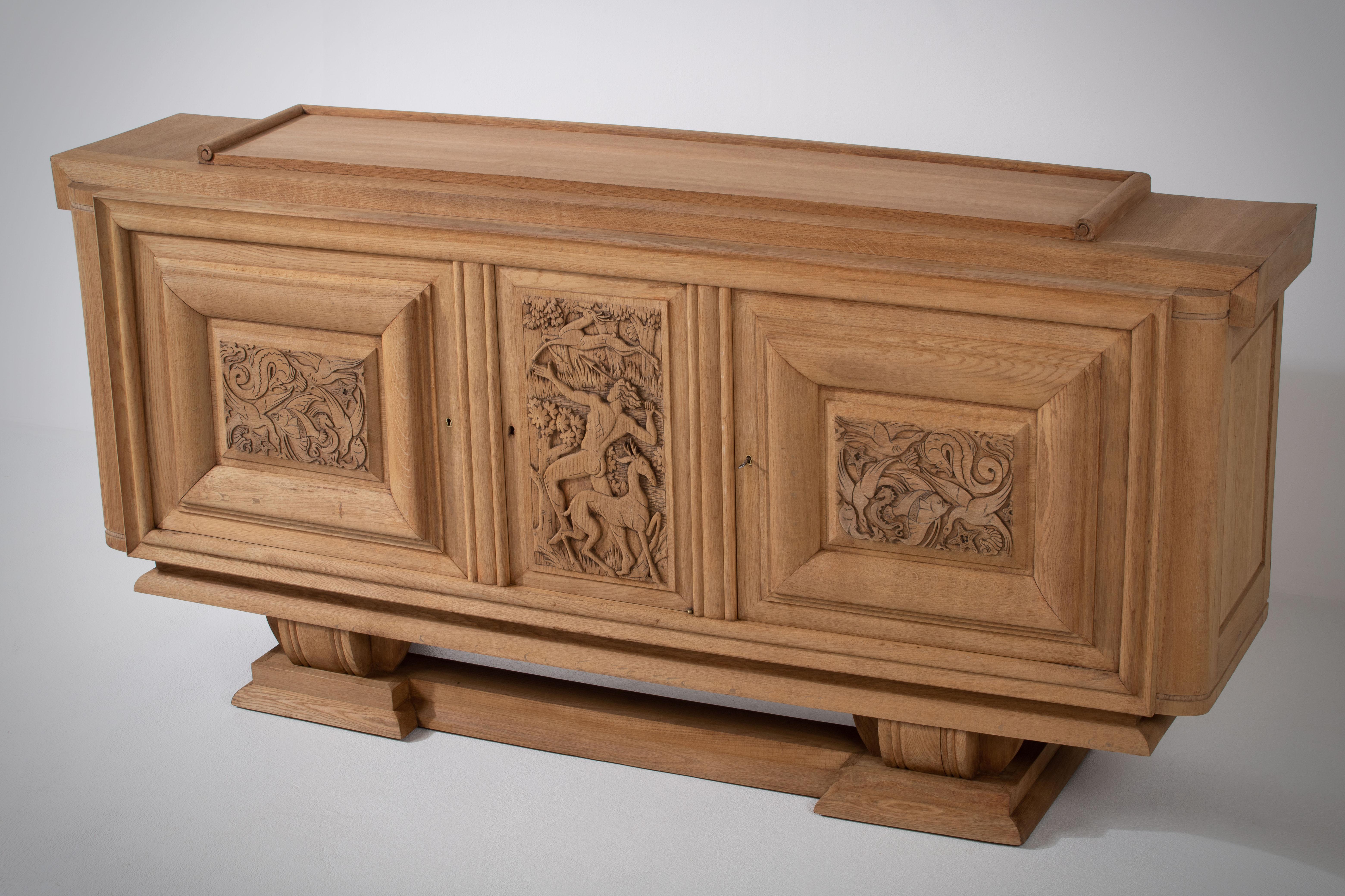 Oak Timeless Elegance, Hand-Carved Classical Buffet with Enchanting Hunting Scene For Sale
