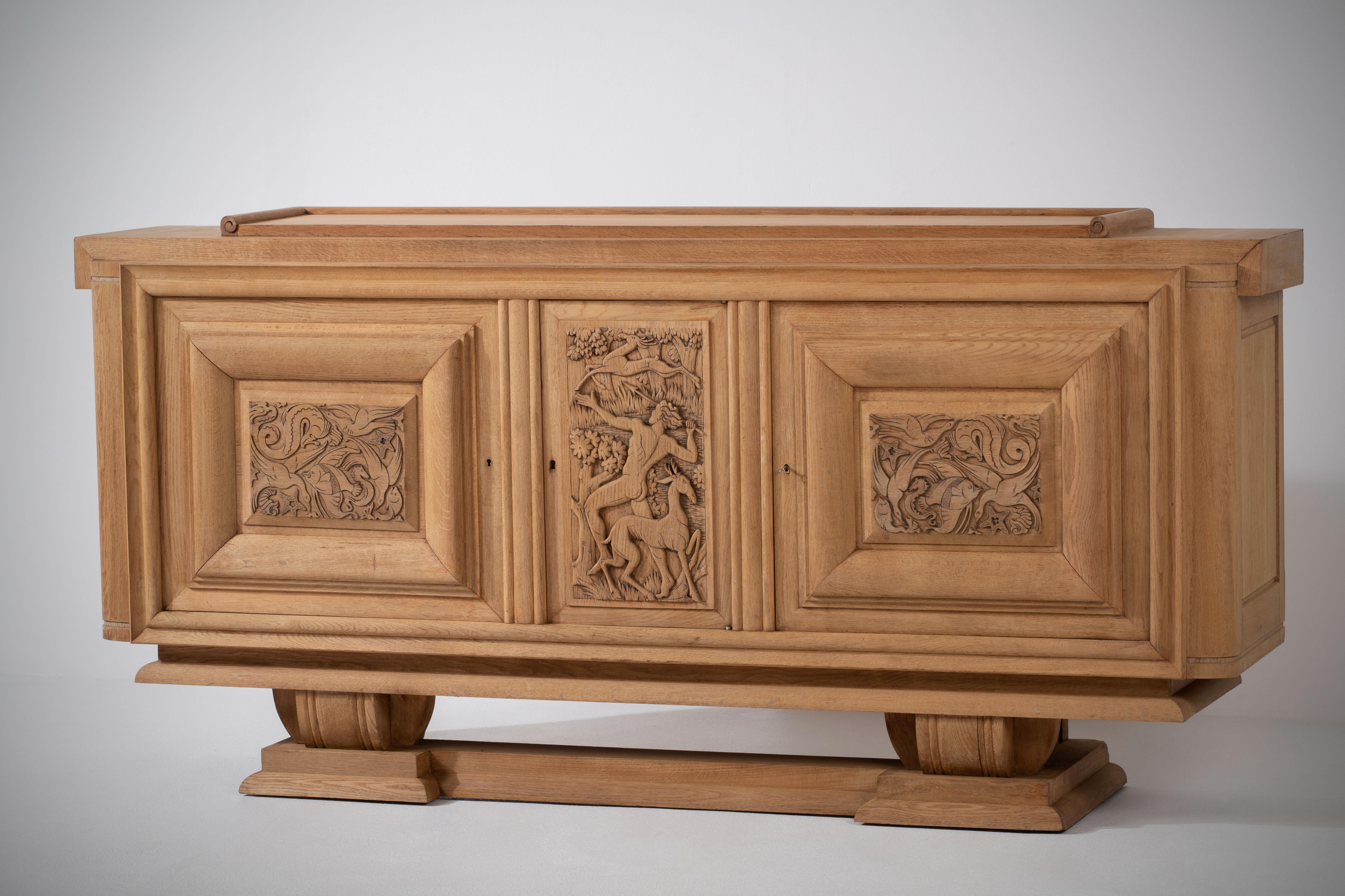 Timeless Elegance, Hand-Carved Classical Buffet with Enchanting Hunting Scene For Sale 1