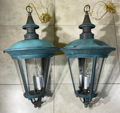Timeless Elegance: Pair of Antique Verdigris Brass Hanging Lanterns-26”H x 15”W