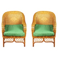 Timeless Elegance: Rattan Vintage Club Chairs with Green Cushions