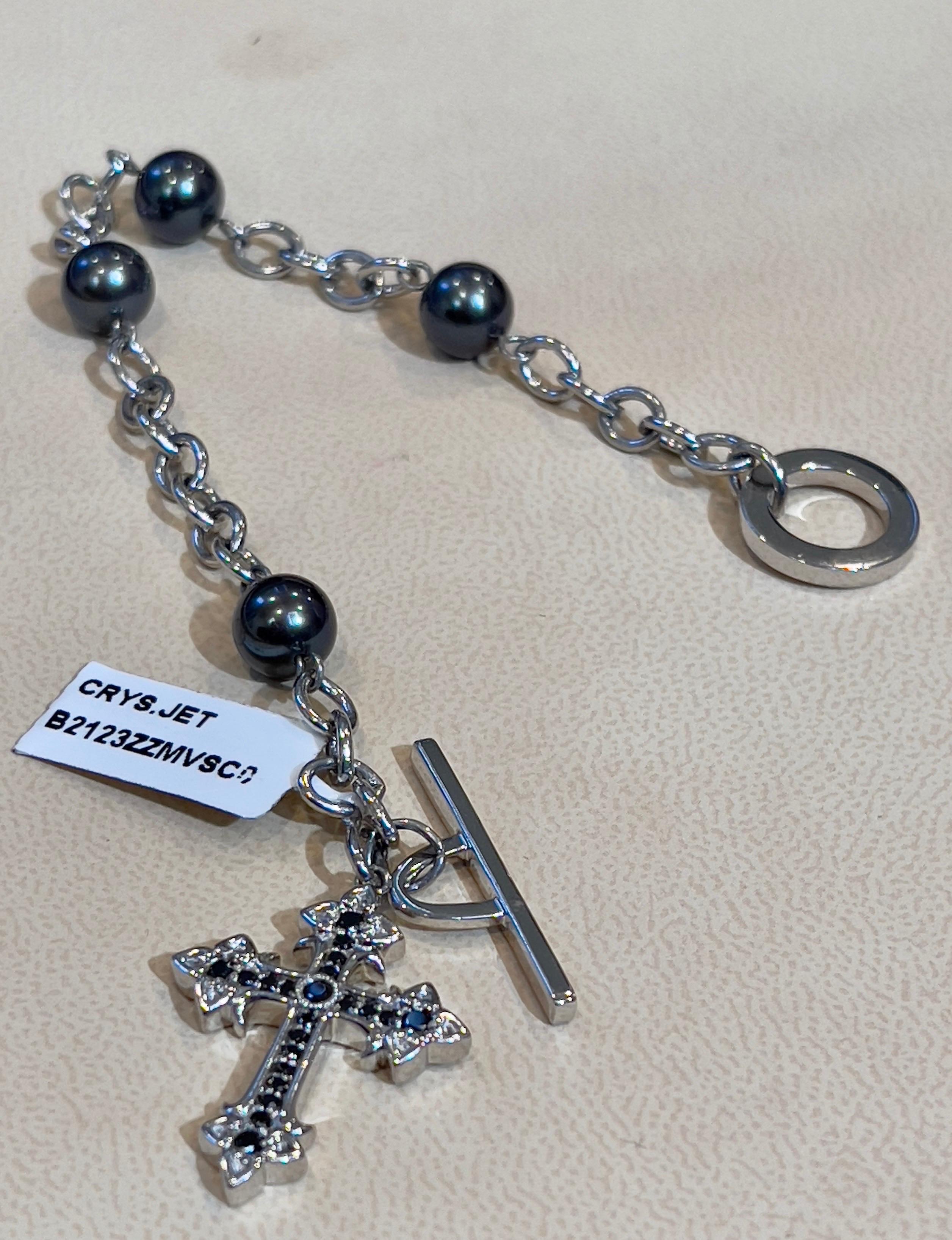 Round Cut Timeless Elegance Sterling Silver Cross  Bracelet With Black Pearls , 7.5