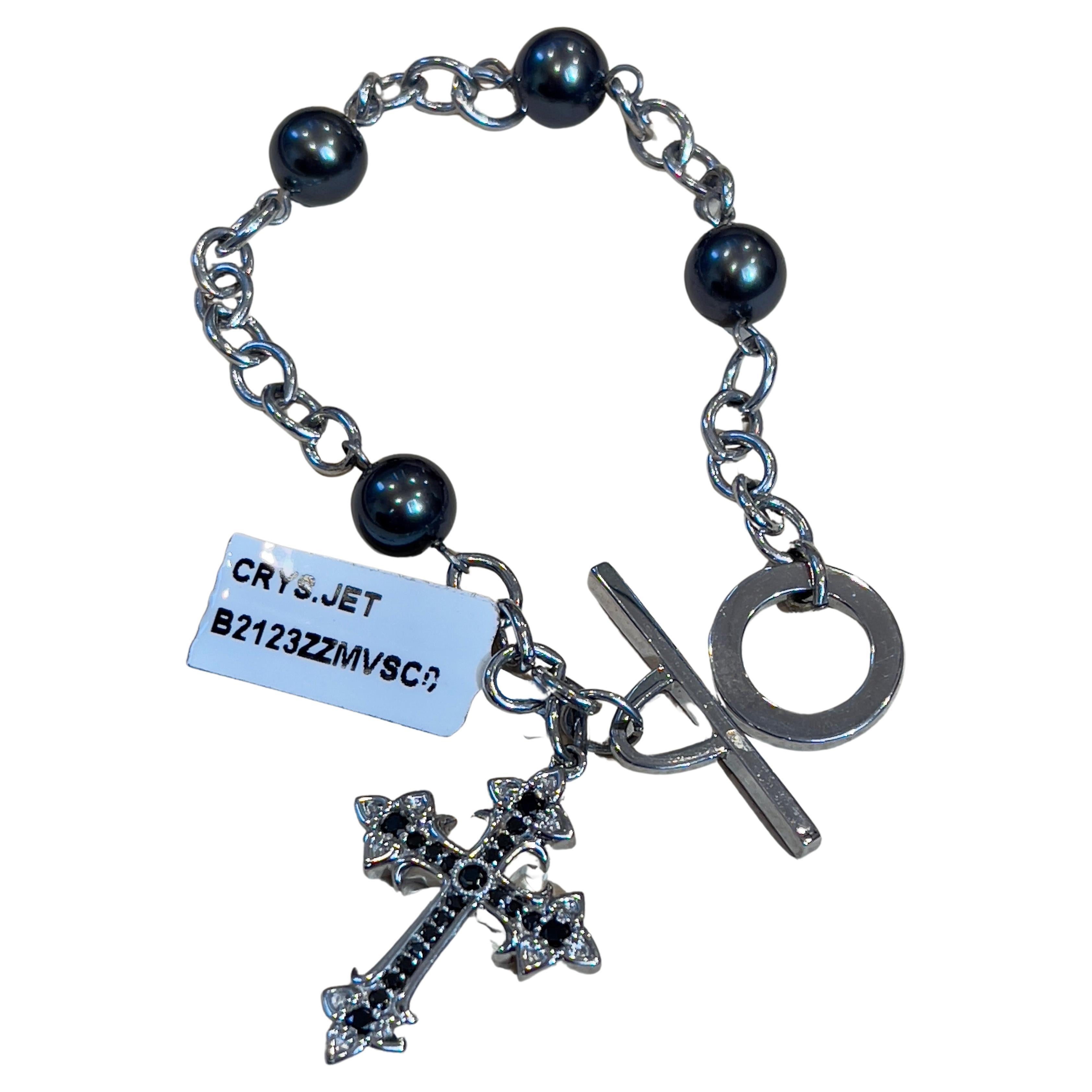 Timeless Elegance Sterling Silver Cross  Bracelet With Black Pearls , 7.5" Long