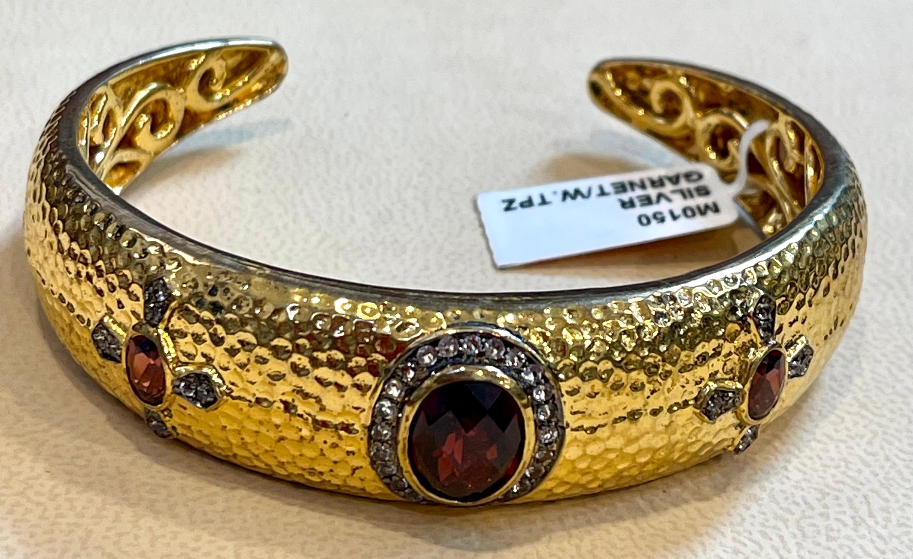 Timeless Elegance Sterling Silver, Yellow Gold Plated Cuff With Garnet & W Topaz In New Condition In New York, NY