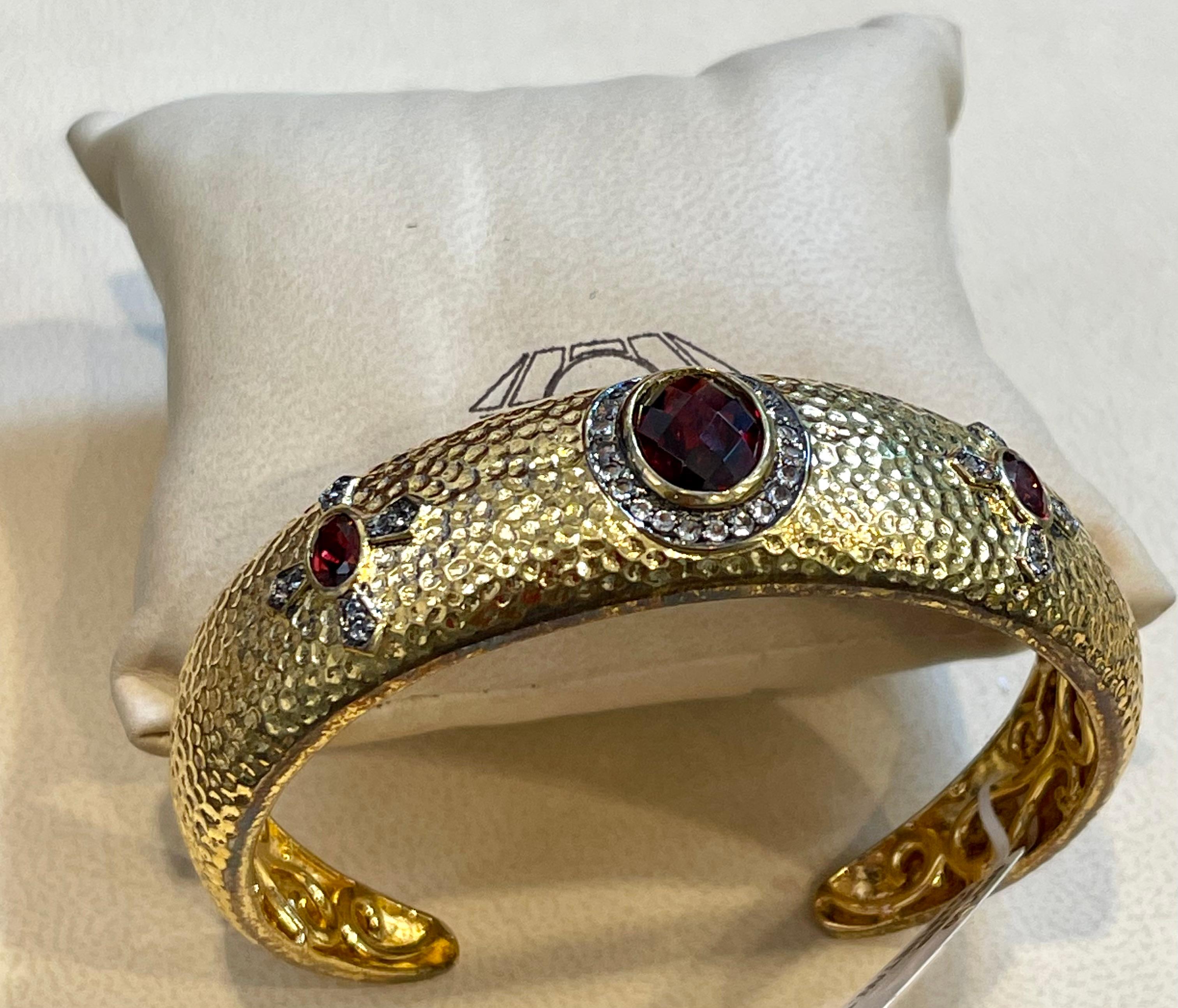 Timeless Elegance Sterling Silver, Yellow Gold Plated Cuff With Garnet & W Topaz 3