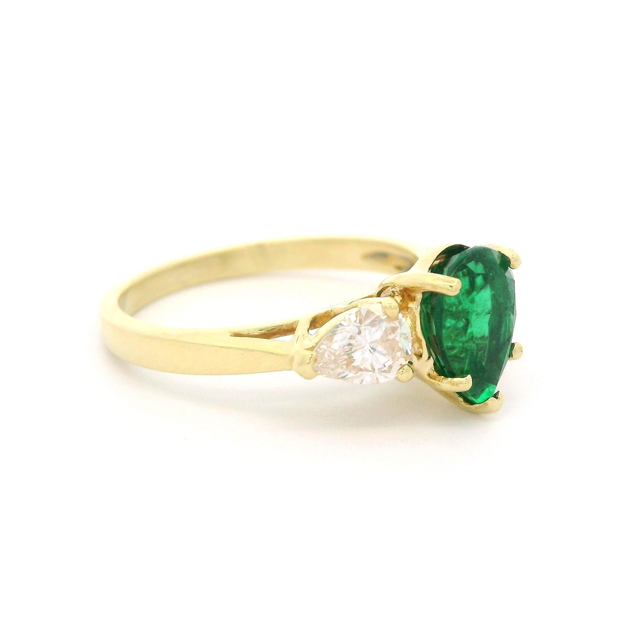 Timeless Elegant 18k Yellow Gold GIA 2.10ctw Pear Cut Emerald & Diamond Ring In Excellent Condition For Sale In Montclair, NJ